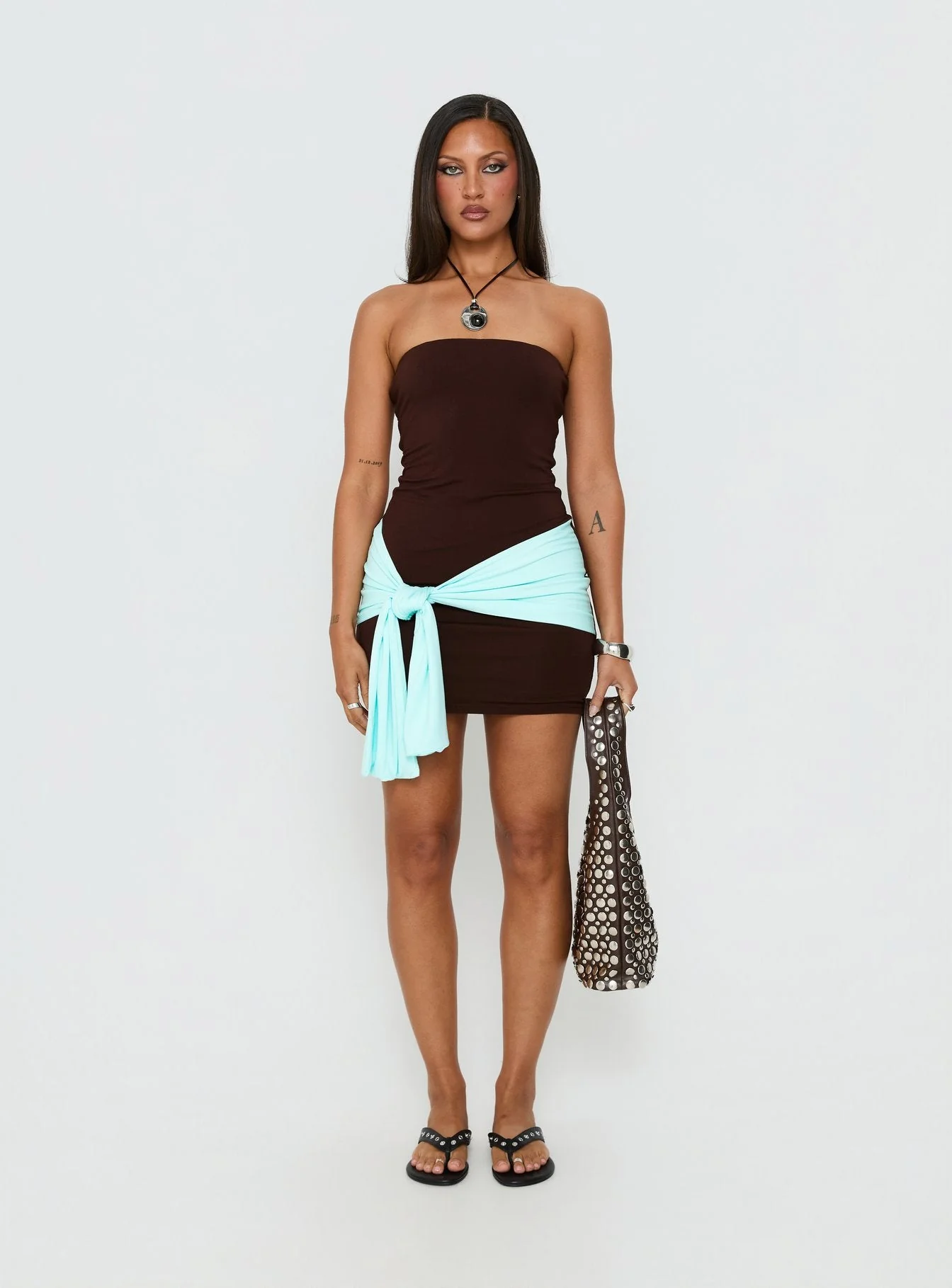 Teeah Strapless Tie Detail Contrast Mini Dress Brown / Blue