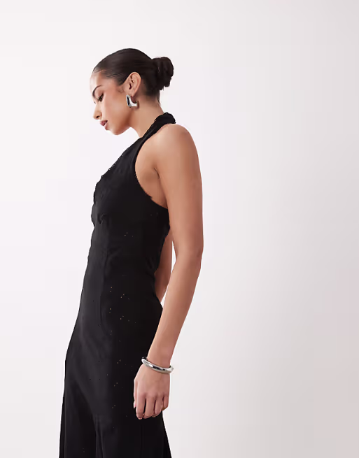 broderie halter midi dress in black