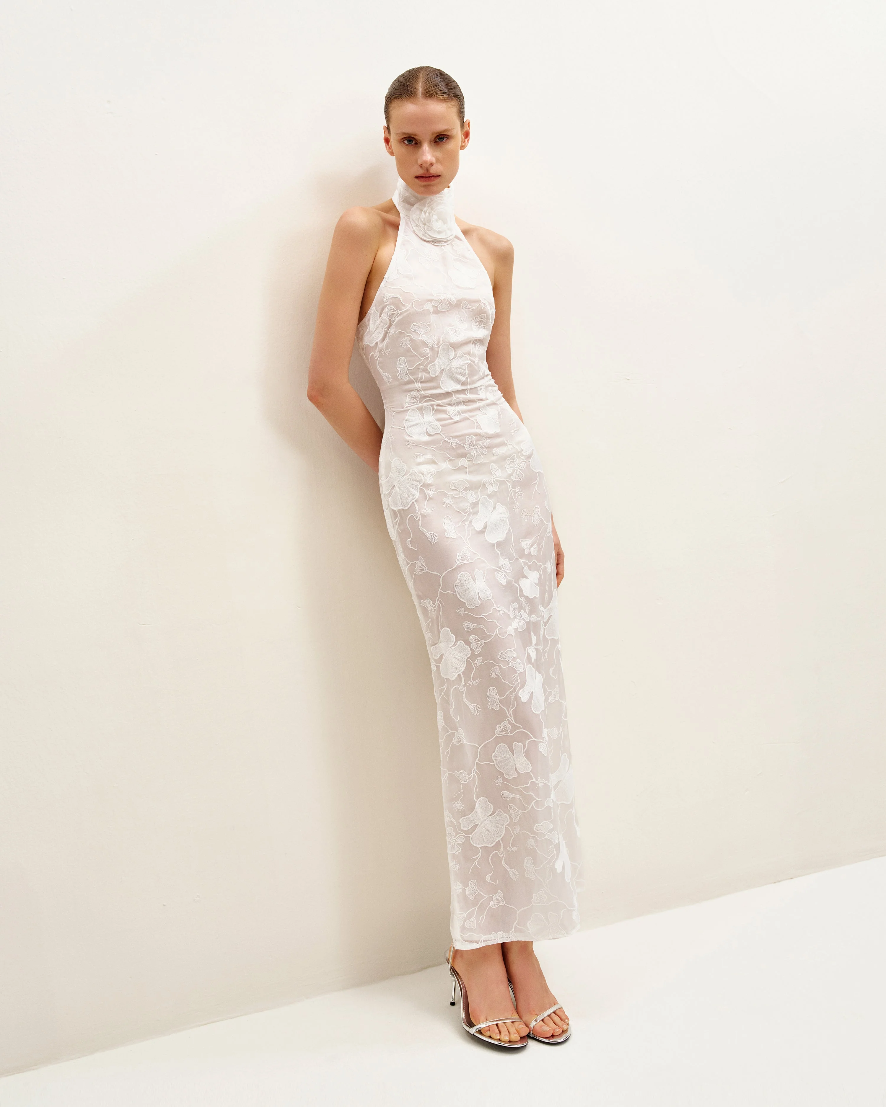 Uliana White Floral Lace Halterneck Maxi Dress - White