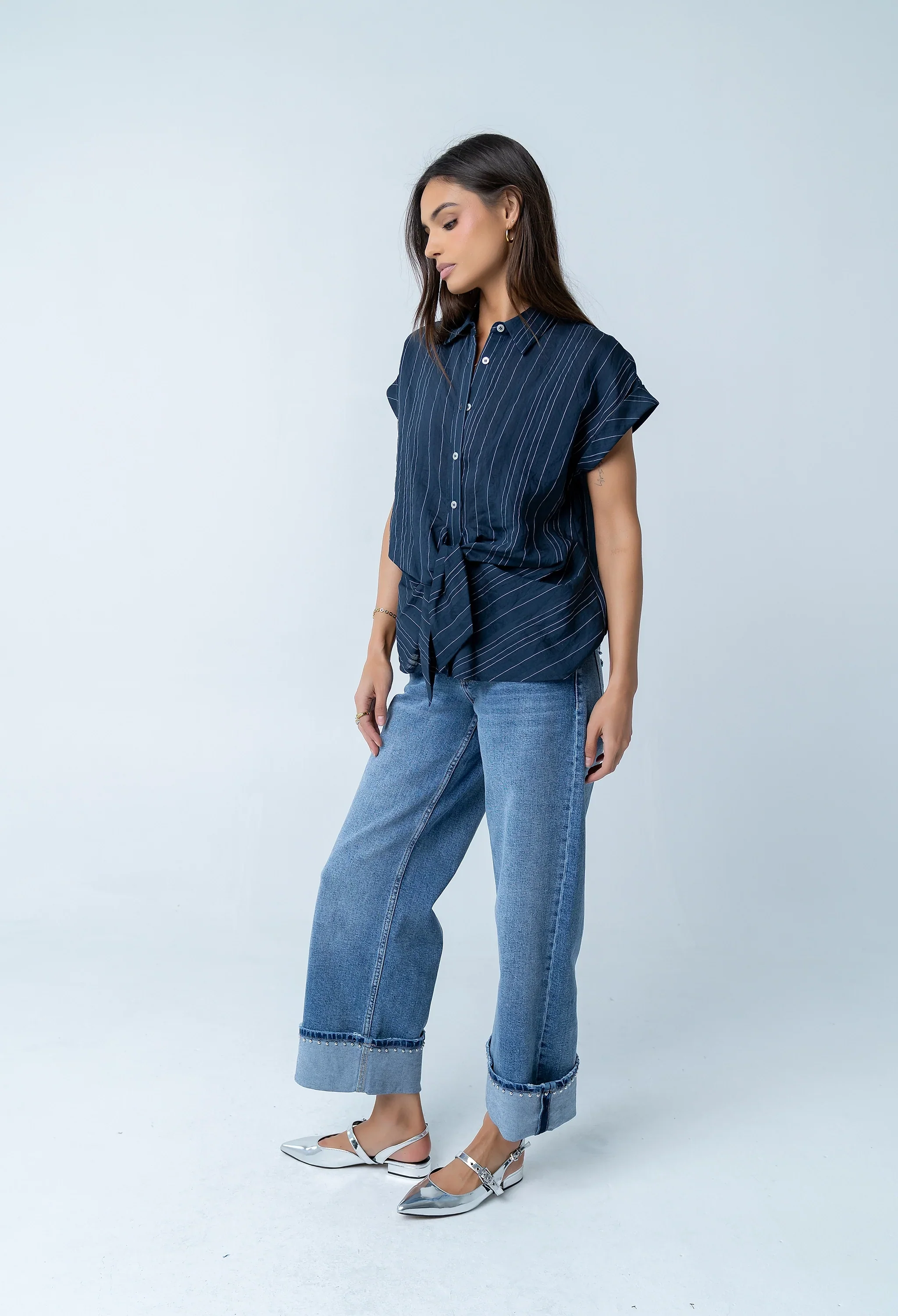 Darian Striped Button Up in Navy