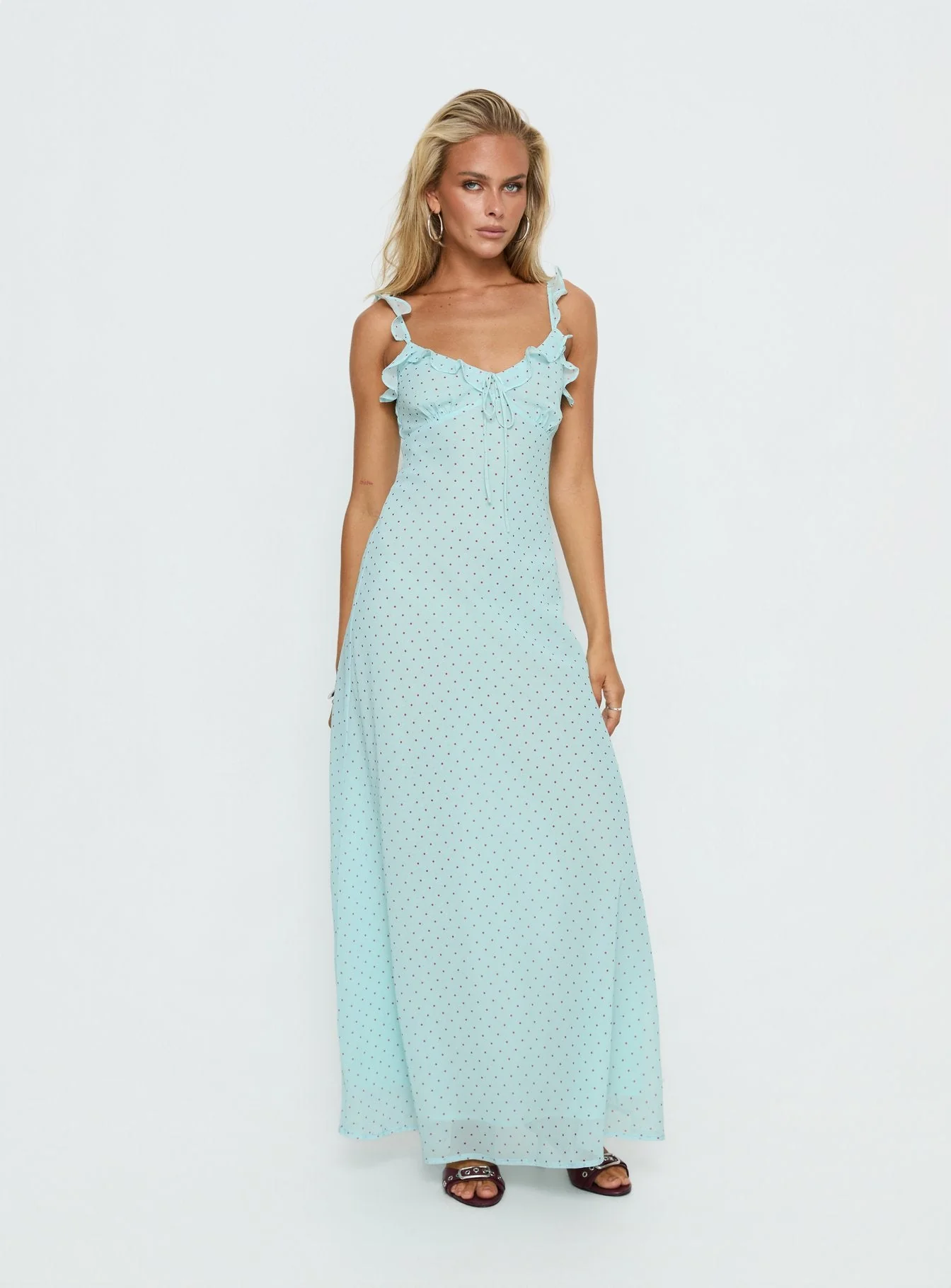 Aryelle Chiffon Frill Maxi Dress Blue Polka Dot