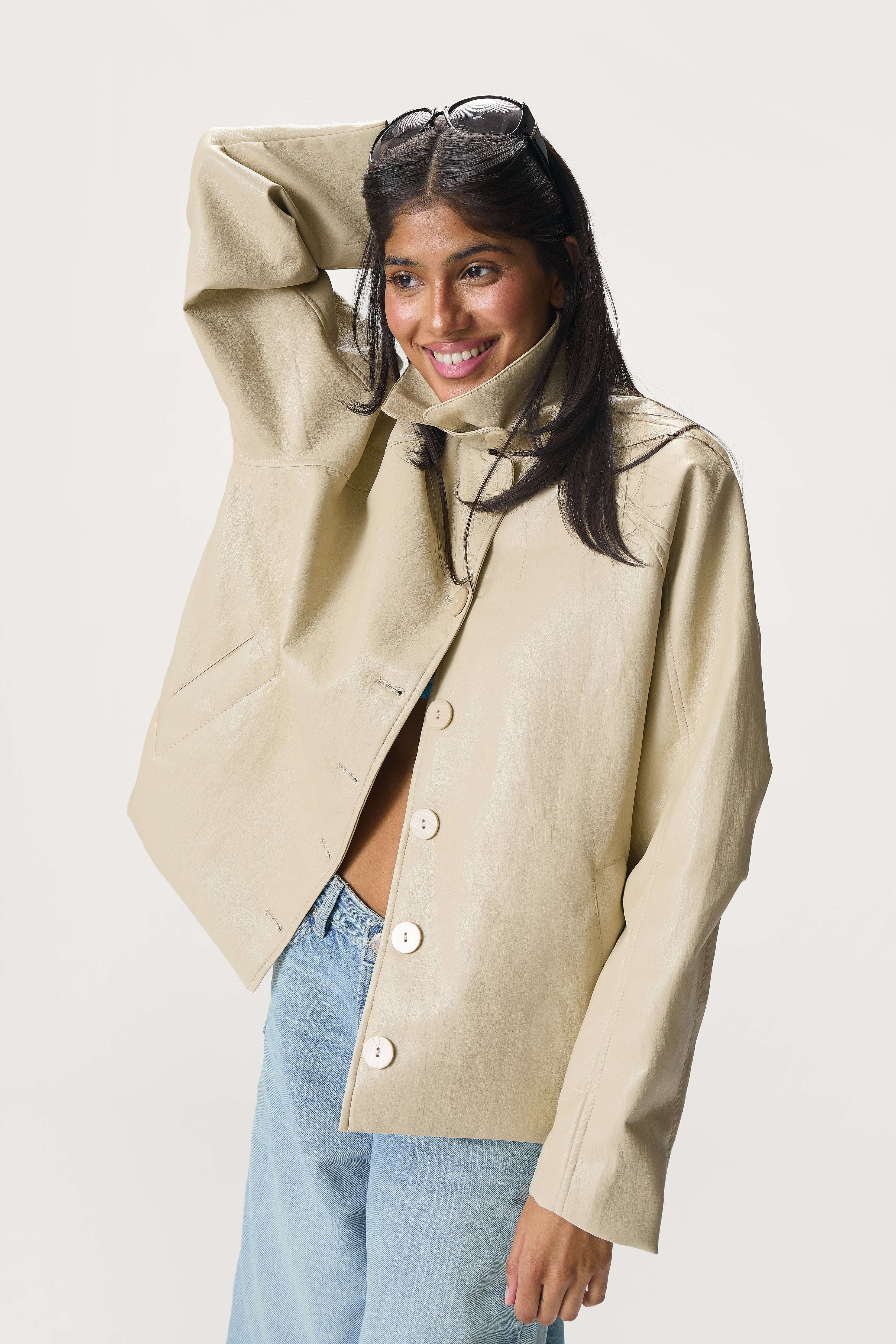 Hollies Classic Faux Leather Jacket in Beige