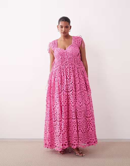 ARRANGE Curve broderie drawstring detail trapeze maxi dress in bright pink