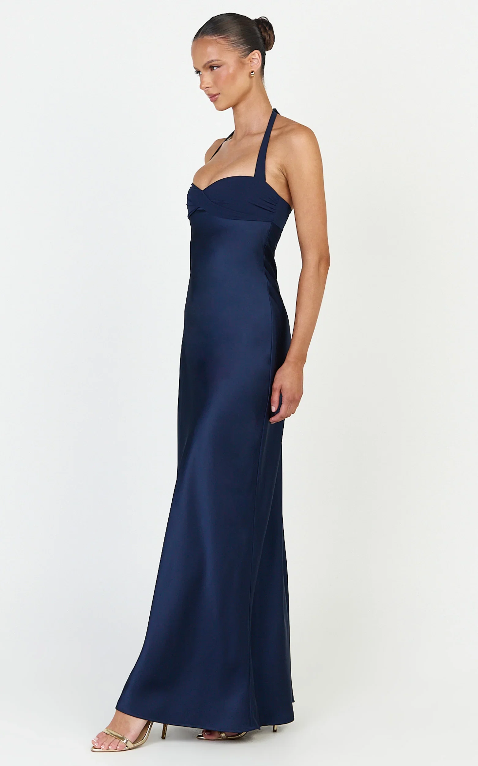 Flynn Maxi Dress - Satin Halter Sweetheart Neck Dress in Navy