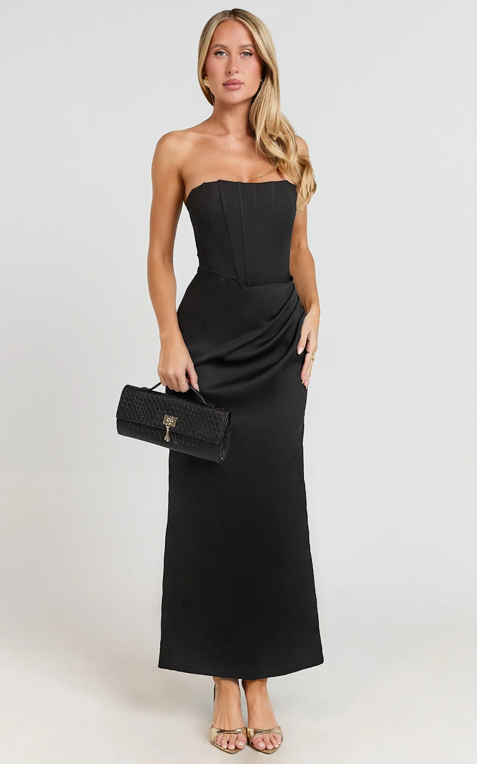 Avery Midi Dress - Strapless Draped Side Split Dress in Black