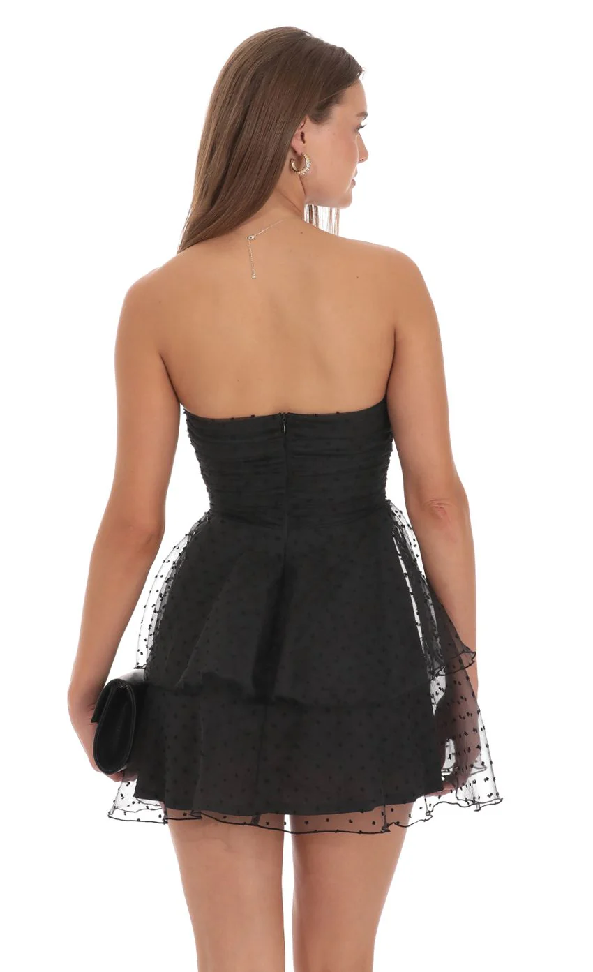 Dotted Petal Ruffle Strapless Dress in Black
