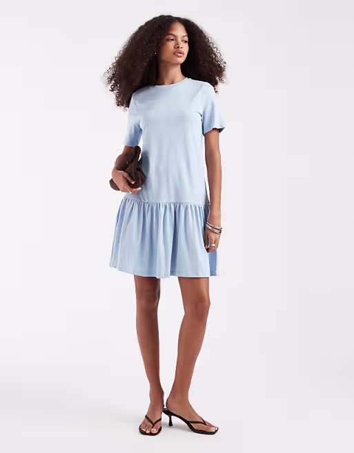 PIECES drop waist short sleeve mini dress in pale blue