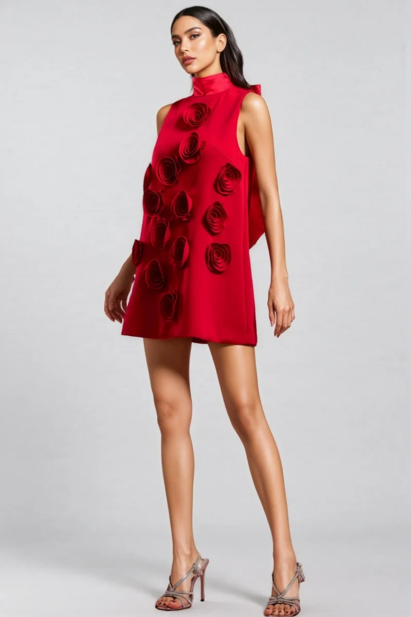 Tamarah Sleeveless High Collar Flowers Mini Dress