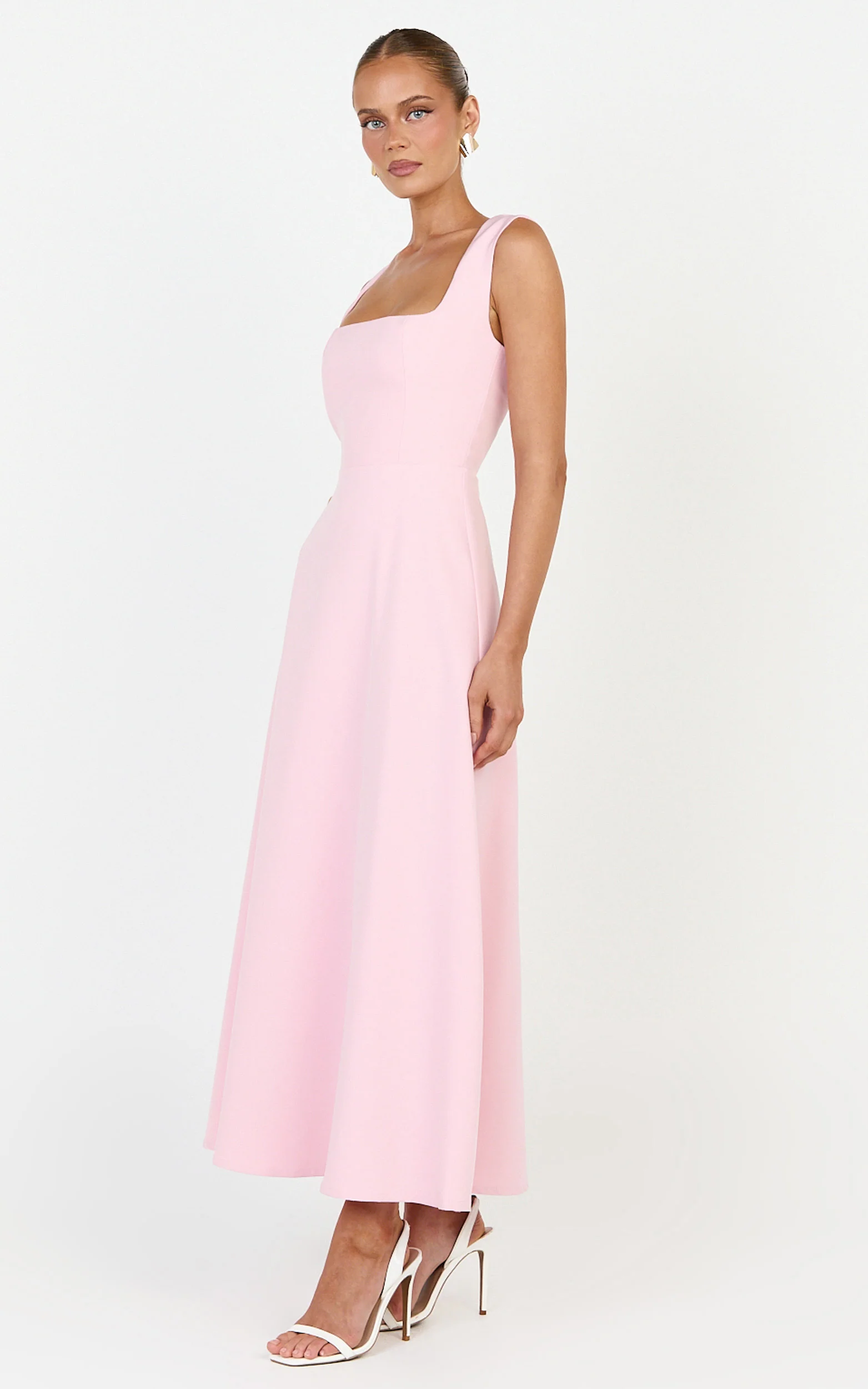Zinnia Midi Dress - Square Neck A Line Dress in Pink