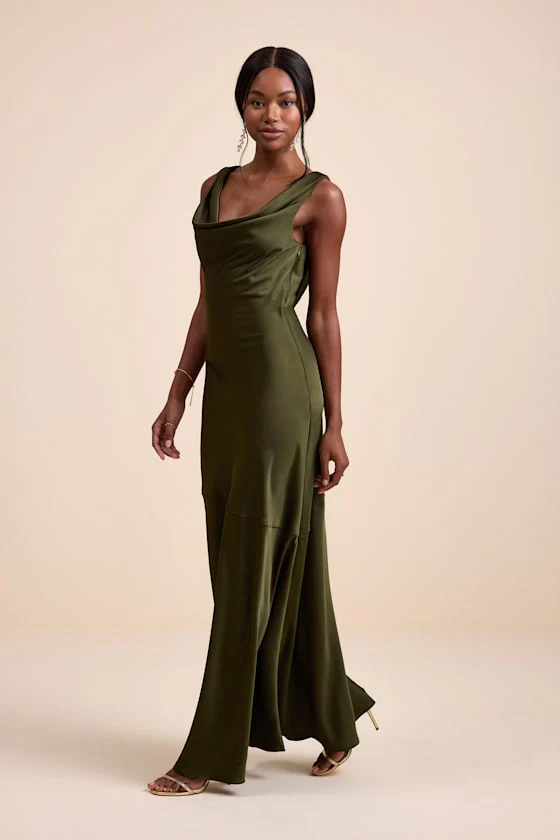 Aernah Olive Satin Cowl Tie-Back Slip Maxi Dress