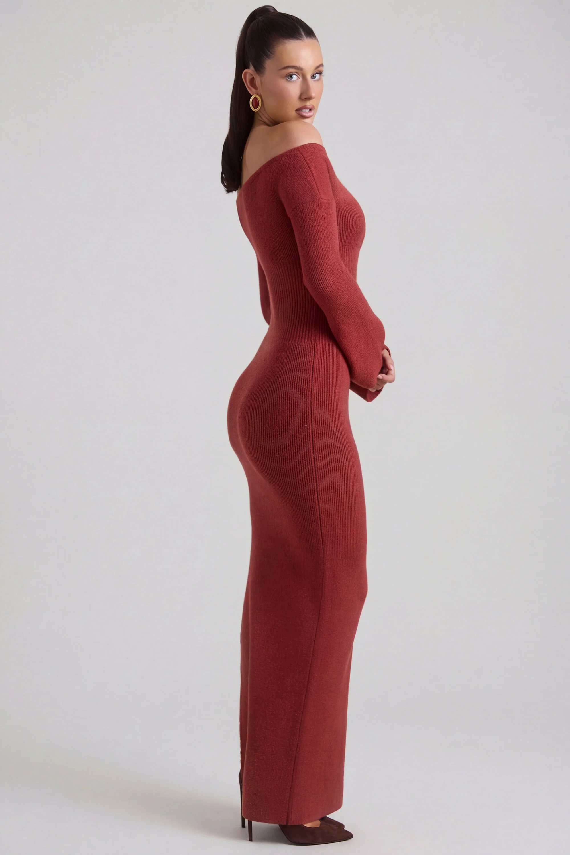 Ribbed-Knit Off-Shoulder Maxi Dress in Brick Red