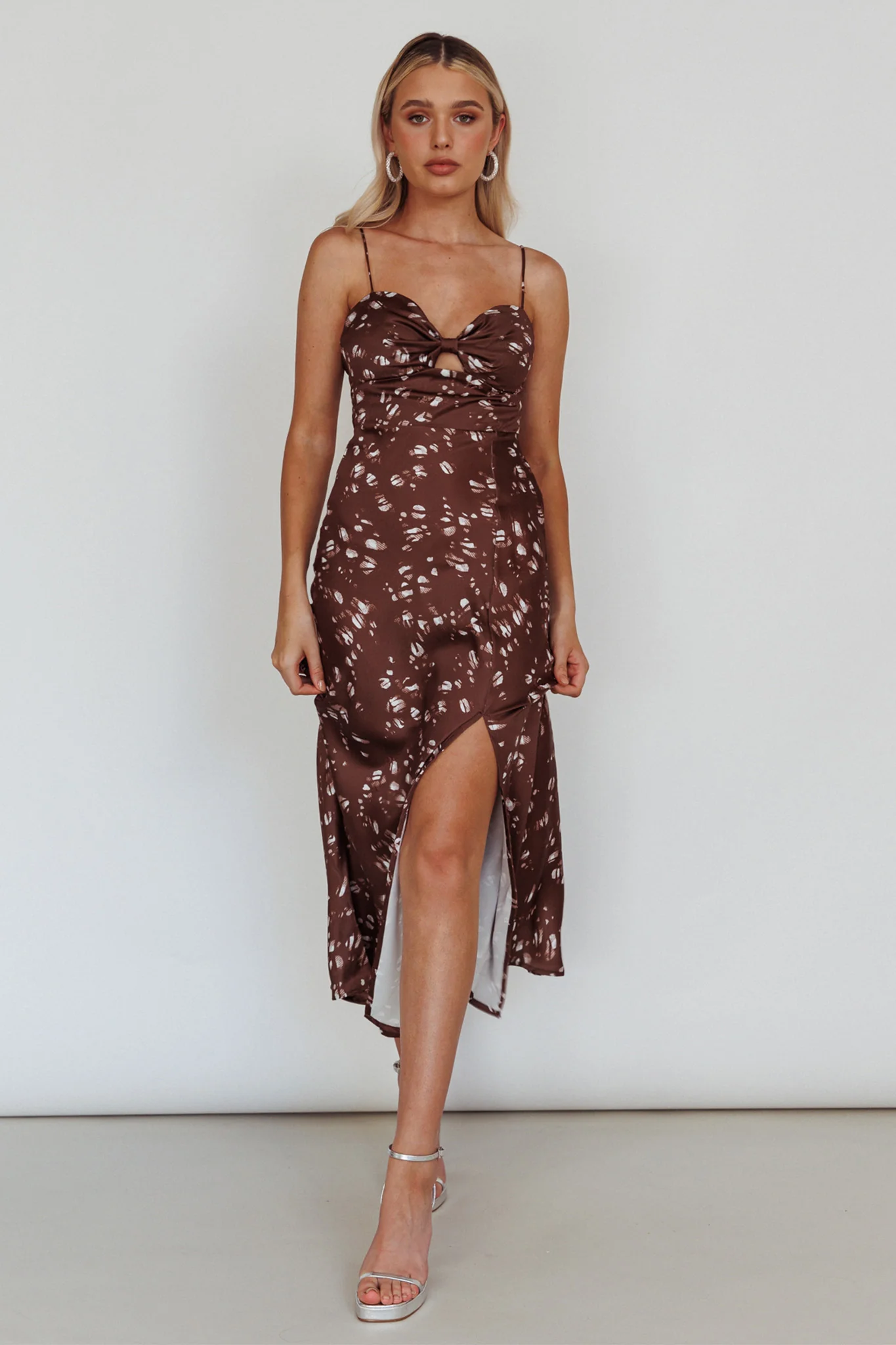 Missoula Cami Strap Padded Bust Midi Dress Printed Brown