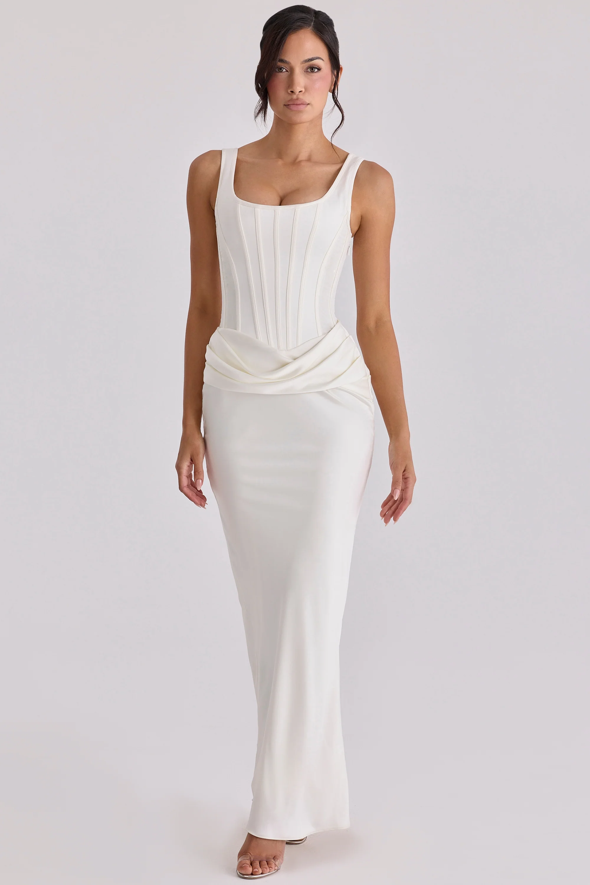 Ivory Satin Gathered Maxi Dress