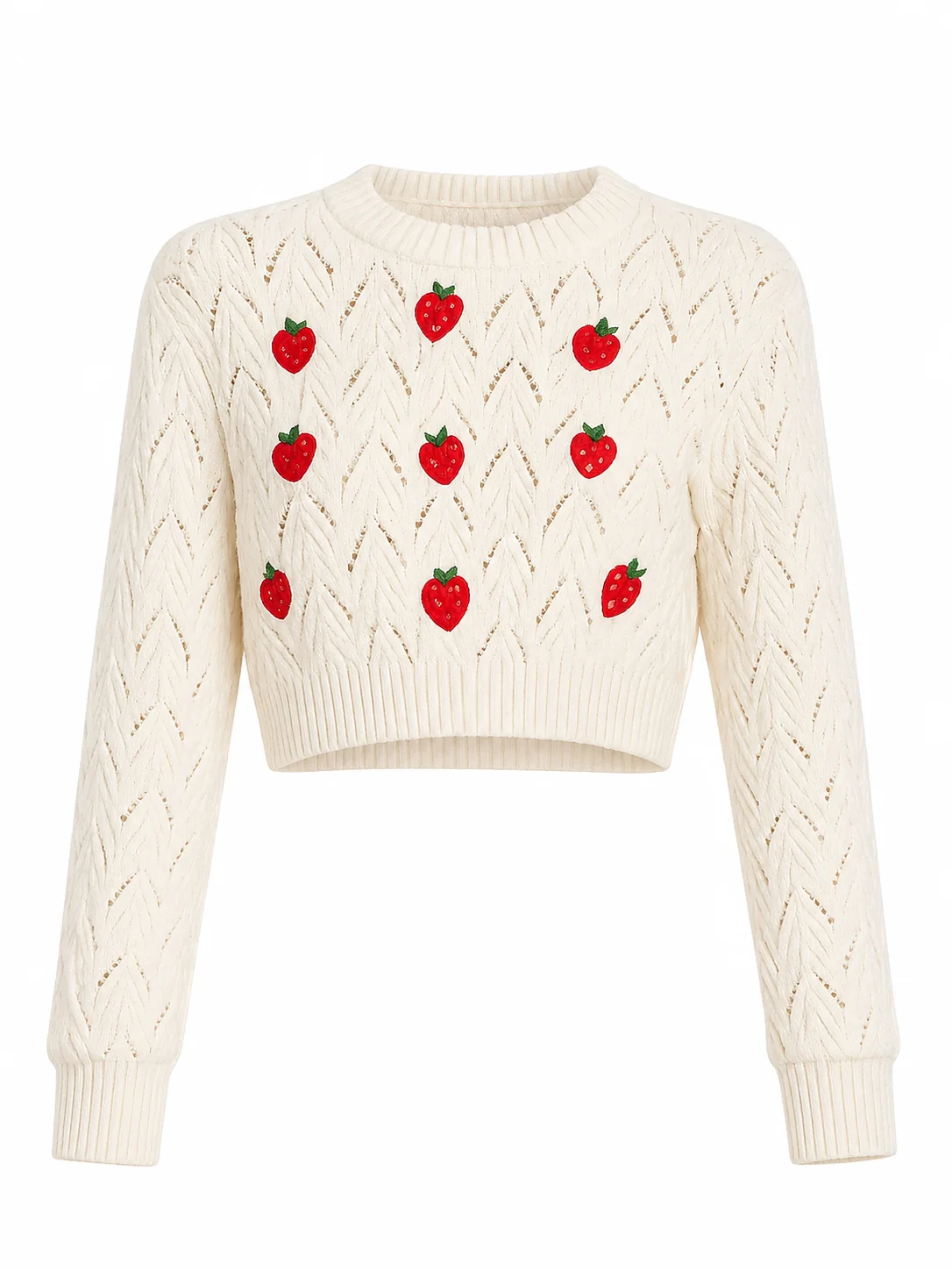 Embroidered Strawberry Cropped Pointelle Sweater