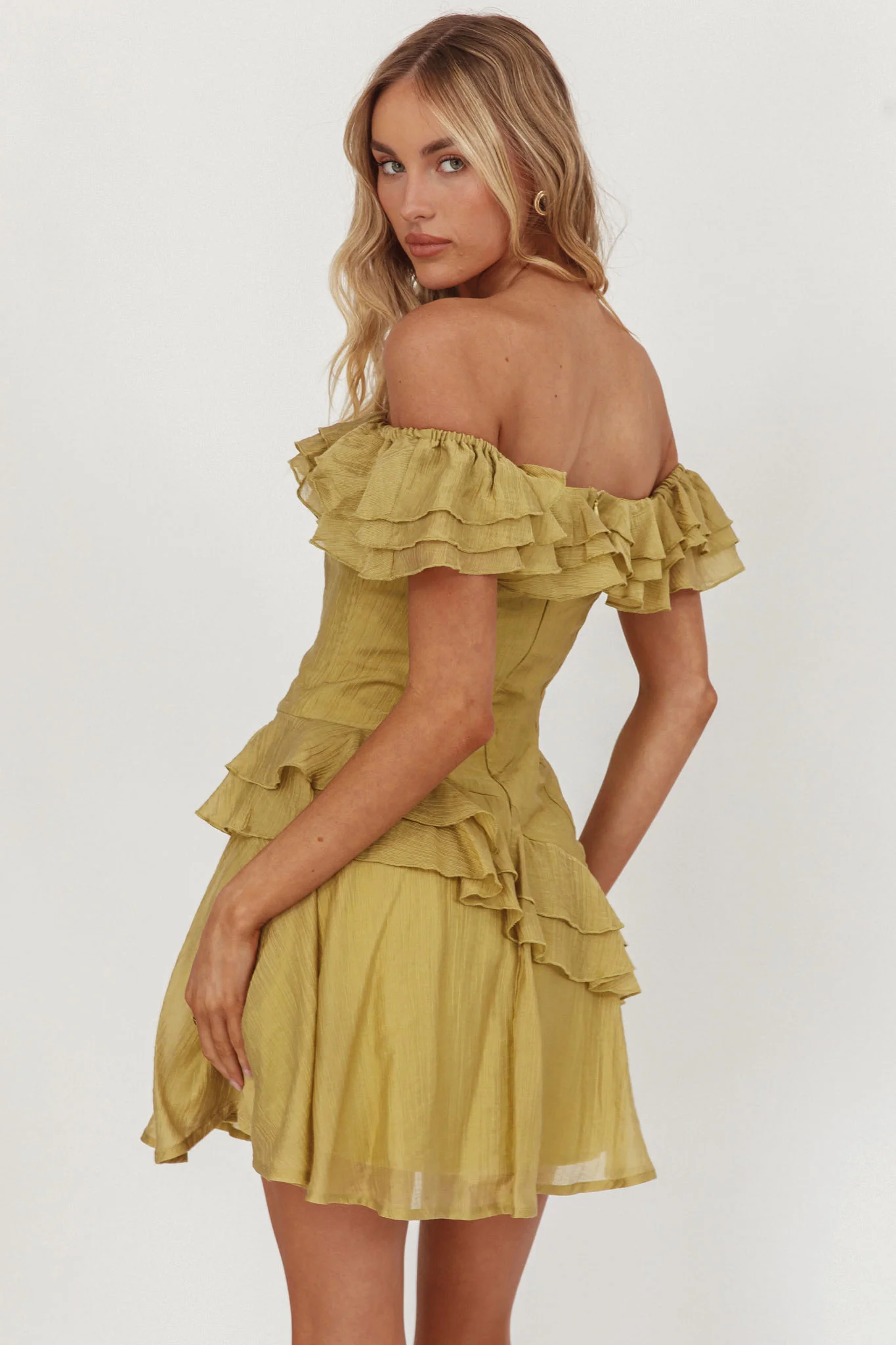 Sinclair Off-Shoulder Ruffle Trim Mini Dress Khaki