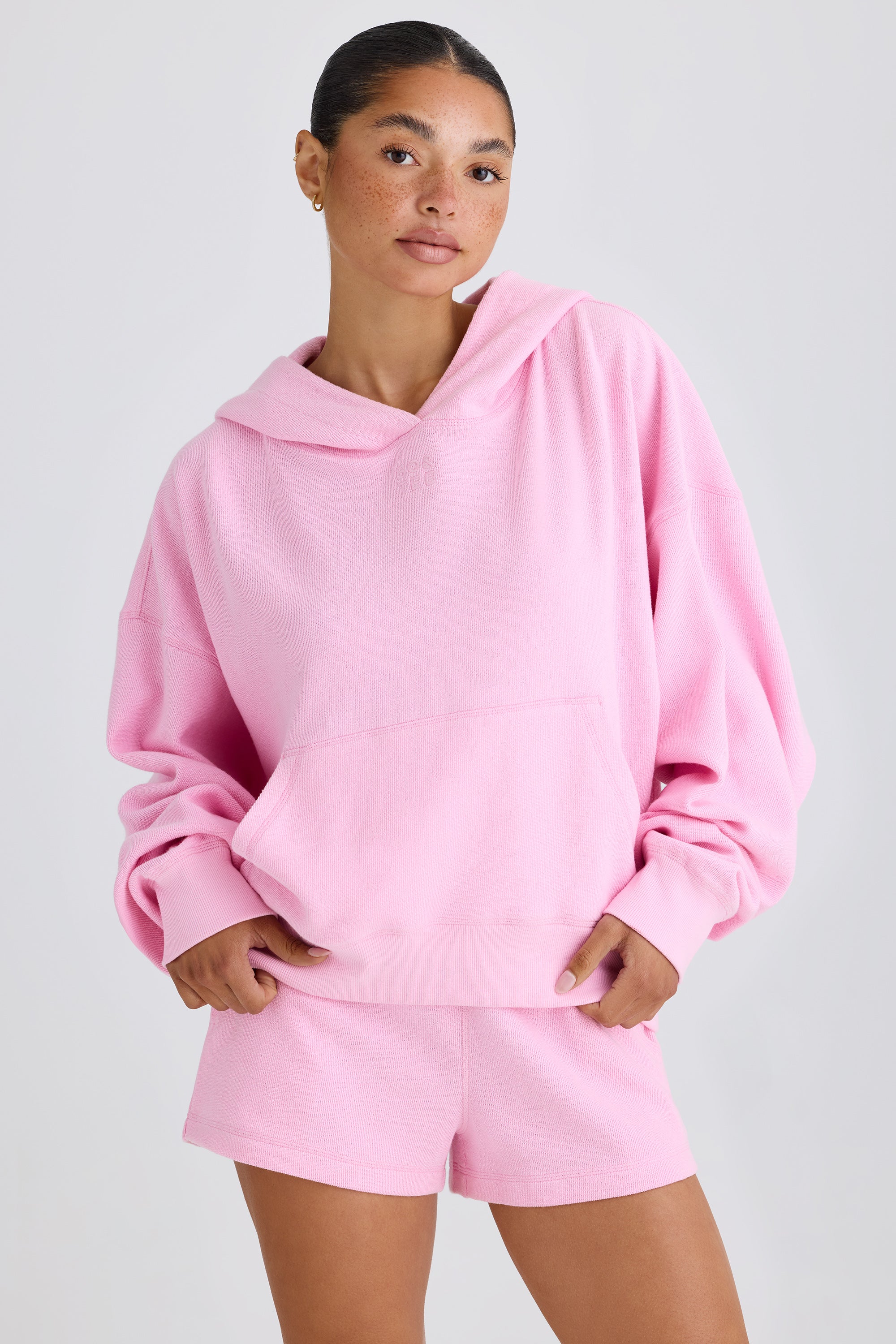 Textured Cotton Jersey Graphic Print Hoodie in Bubblegum Pink