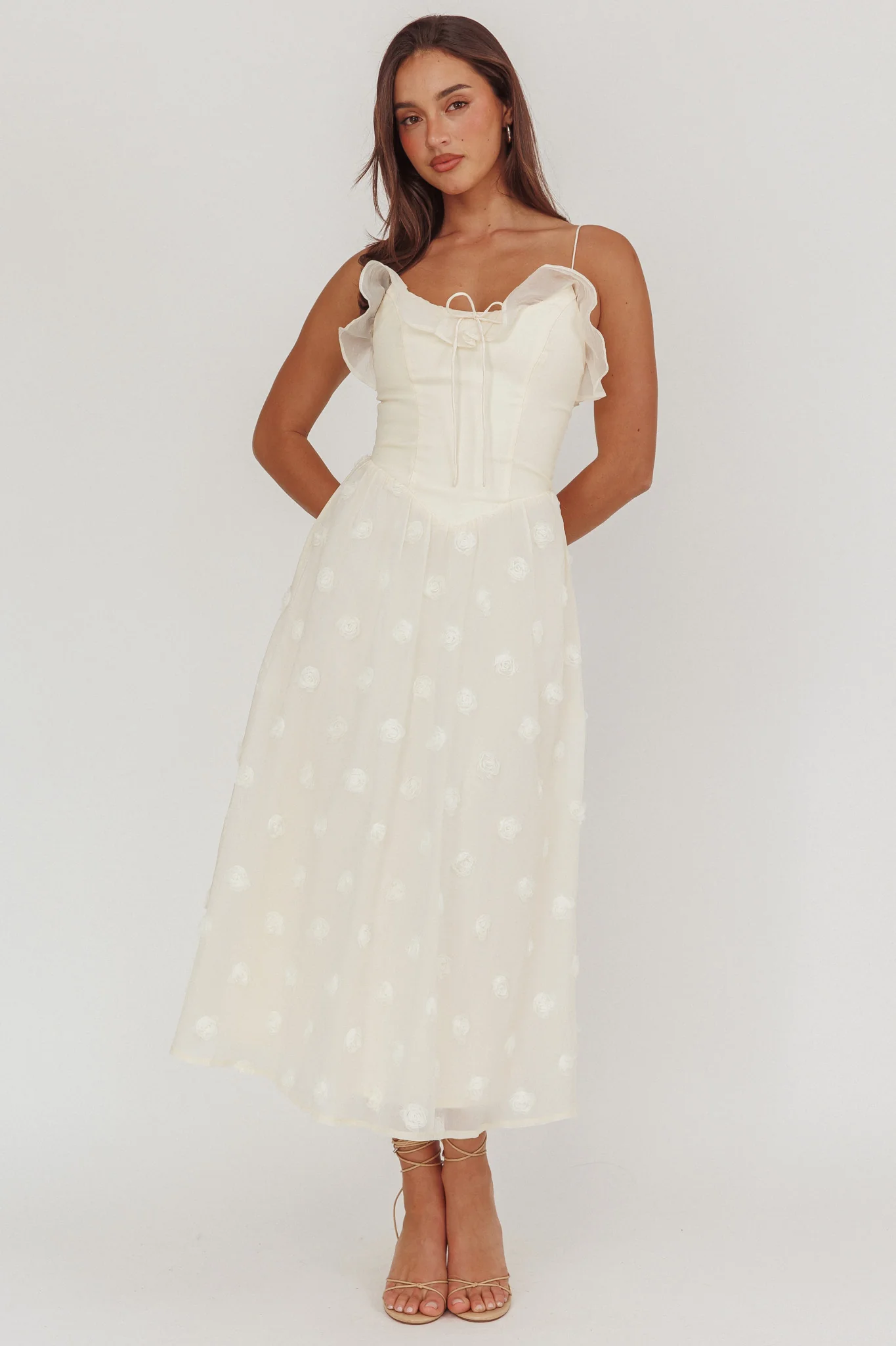 Gelati Embellished Tie Strap Midi Dress Cream - luluinthesky