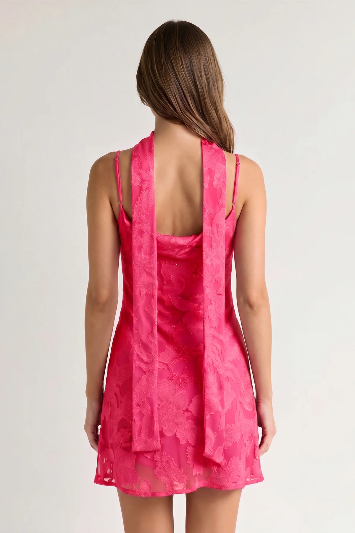 Red Jacquard Chiffon Cami Straps Sheath Homecoming Dress with Scarf