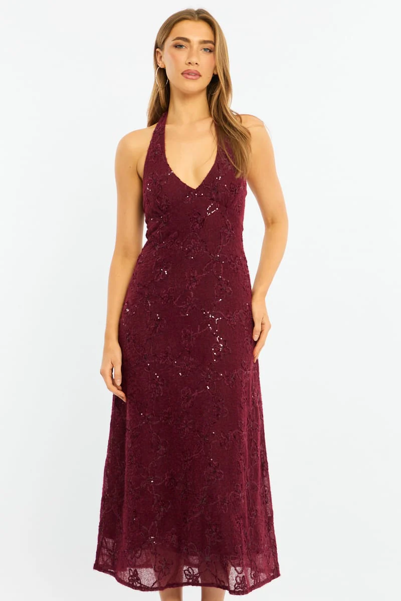 Red Midi Dress Halter Neck