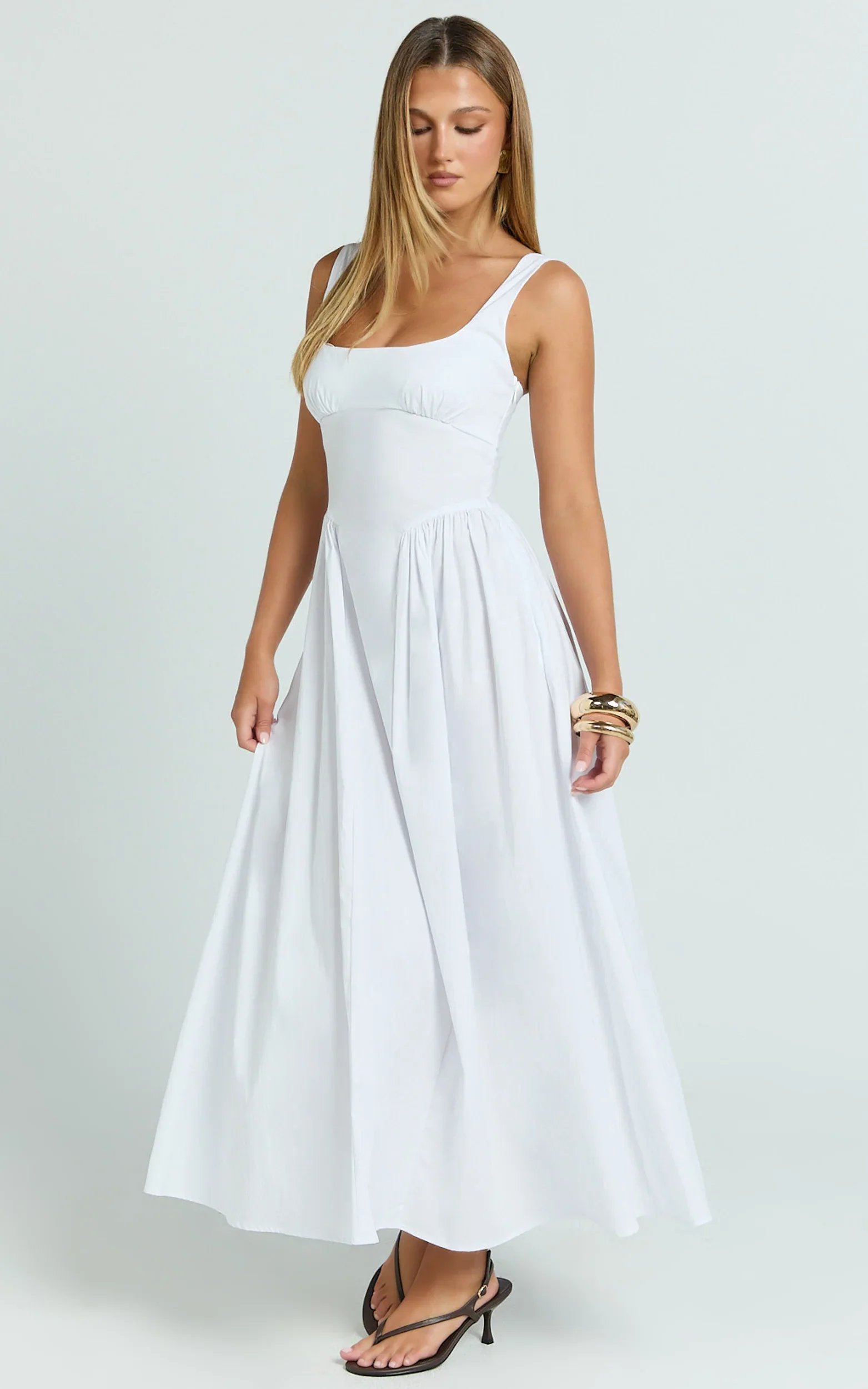 Donatella Midi Dress - Ruched Bust Fit And Flare Dress in White