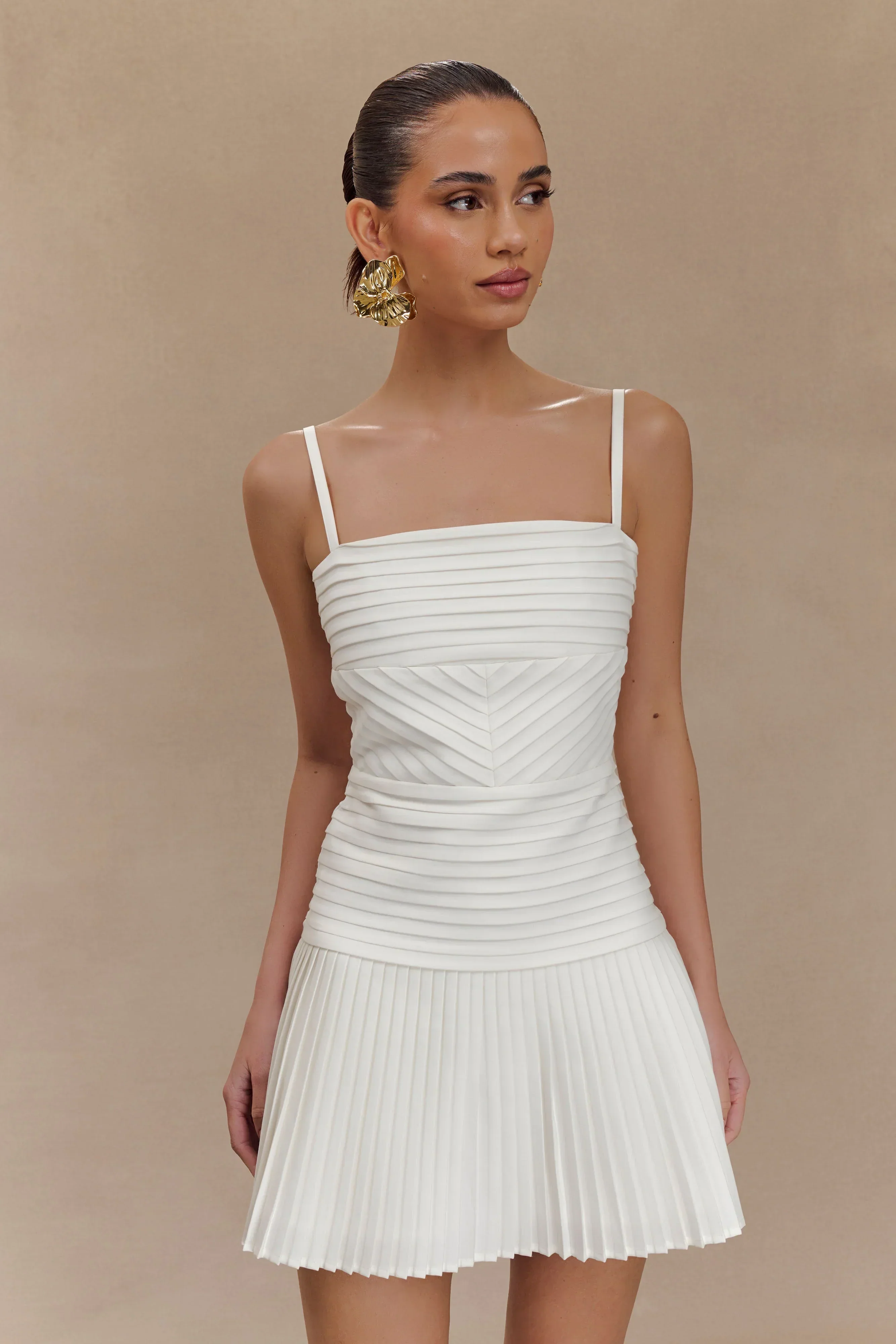 Rylee Multi Pleat Mini Dress - White - luluinthesky