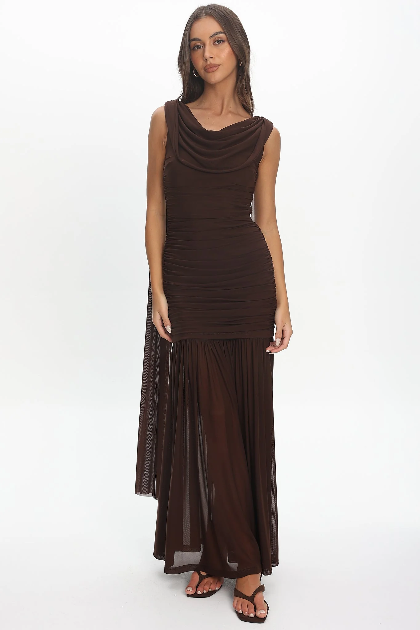 Rosellea Draped Shoulder Maxi Dress Chocolate
