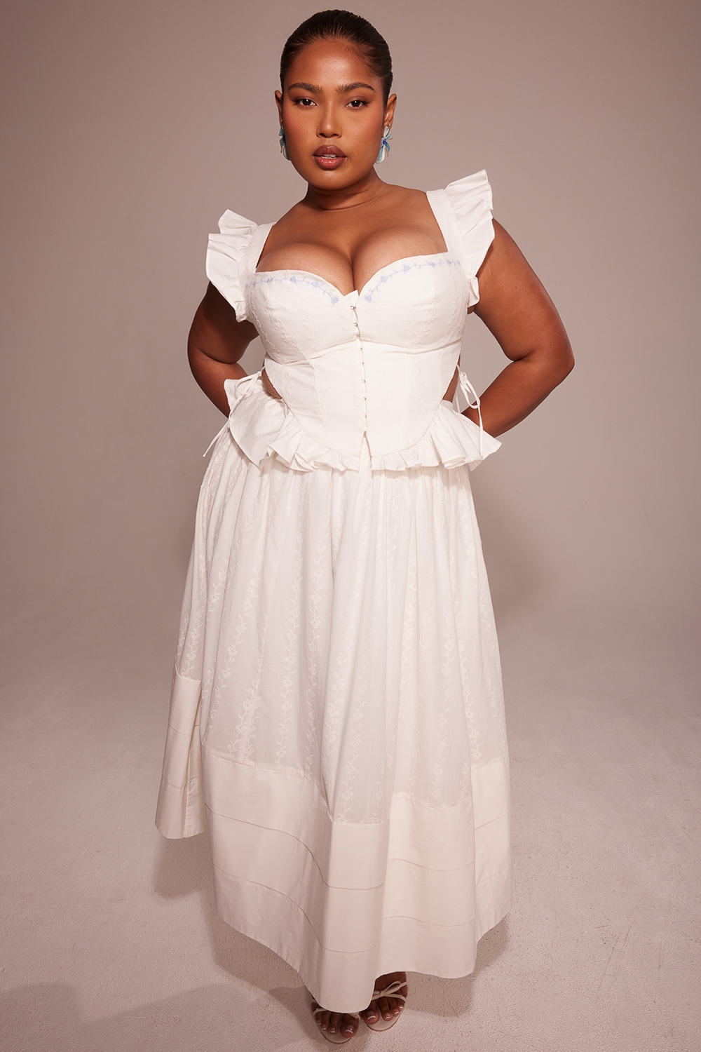 White Embroidered Cotton Midi Skirt