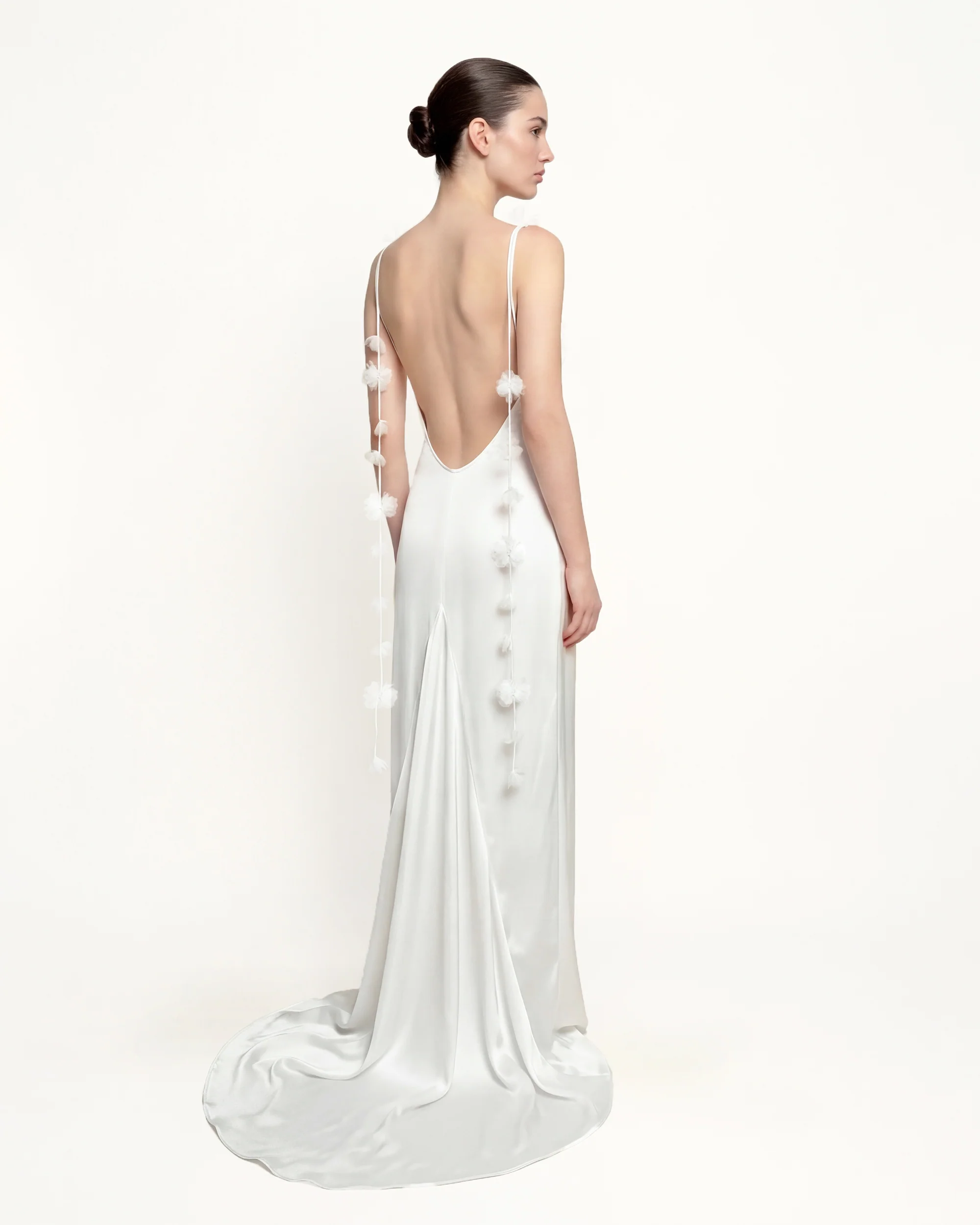 Satin Strappy Maxi Dress with Floral Streamers - White