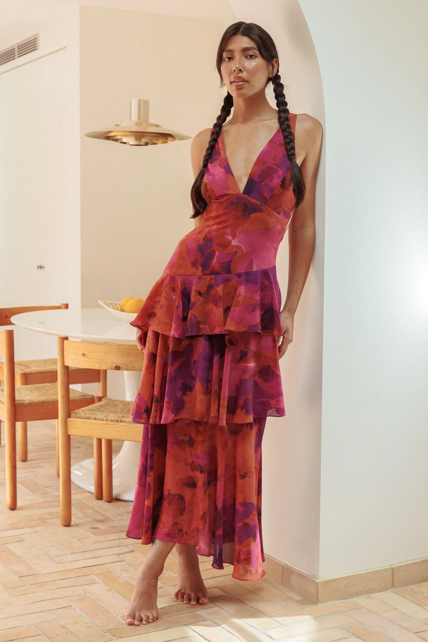 Veda Strappy Back Ruffle Midi Dress Dark Rose