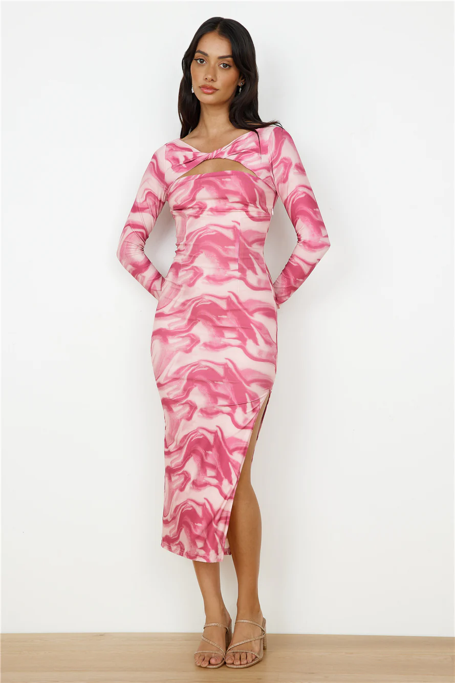 Raspberry Swirl Long Sleeve Midi Dress Pink