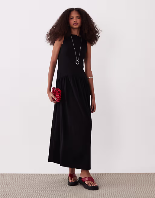 rib mix midi dress with drop waist in black