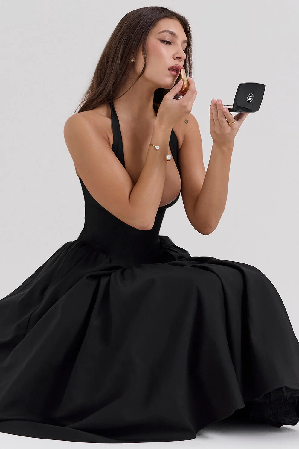 black twill halter midi dress
