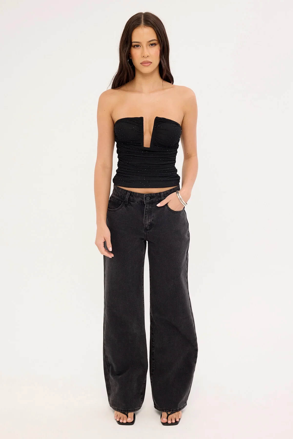 Luck & Trouble Alicia Shimmer Strapless Top Black