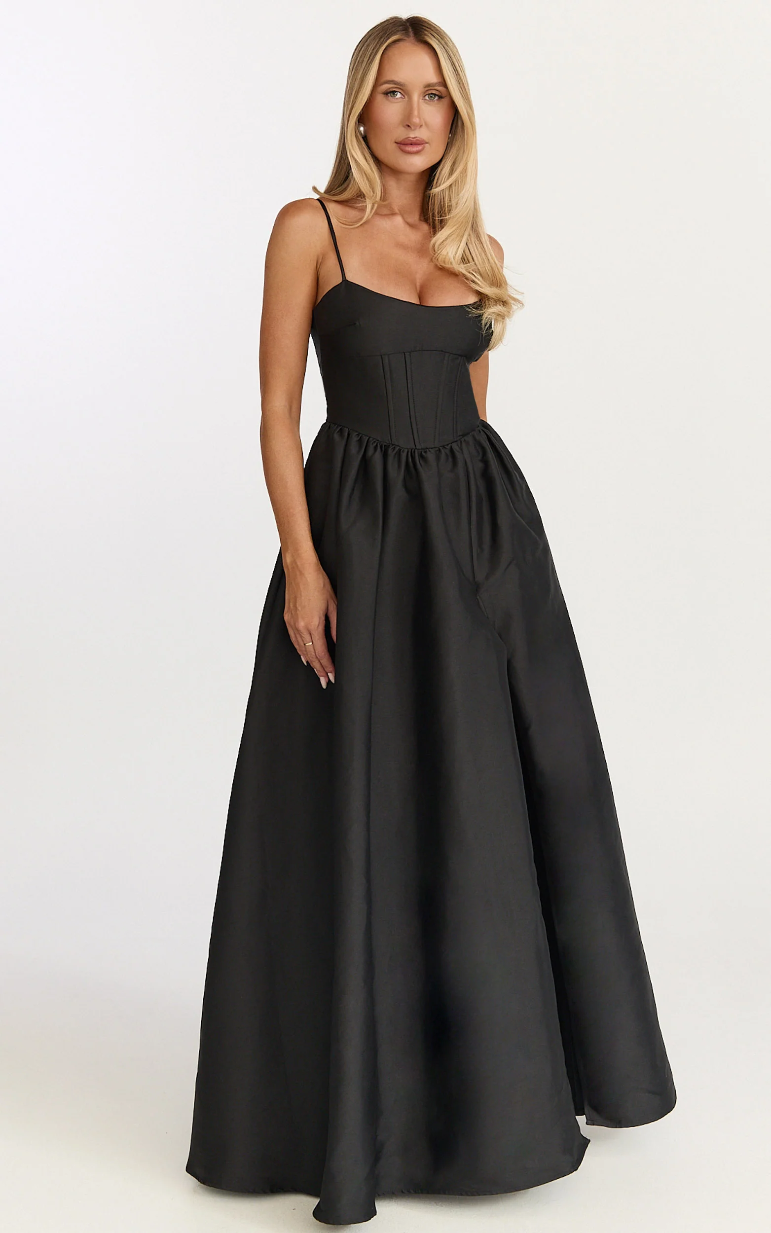 Louisa Maxi Dress - Boned Bodice Lace Up Back Dress in Black