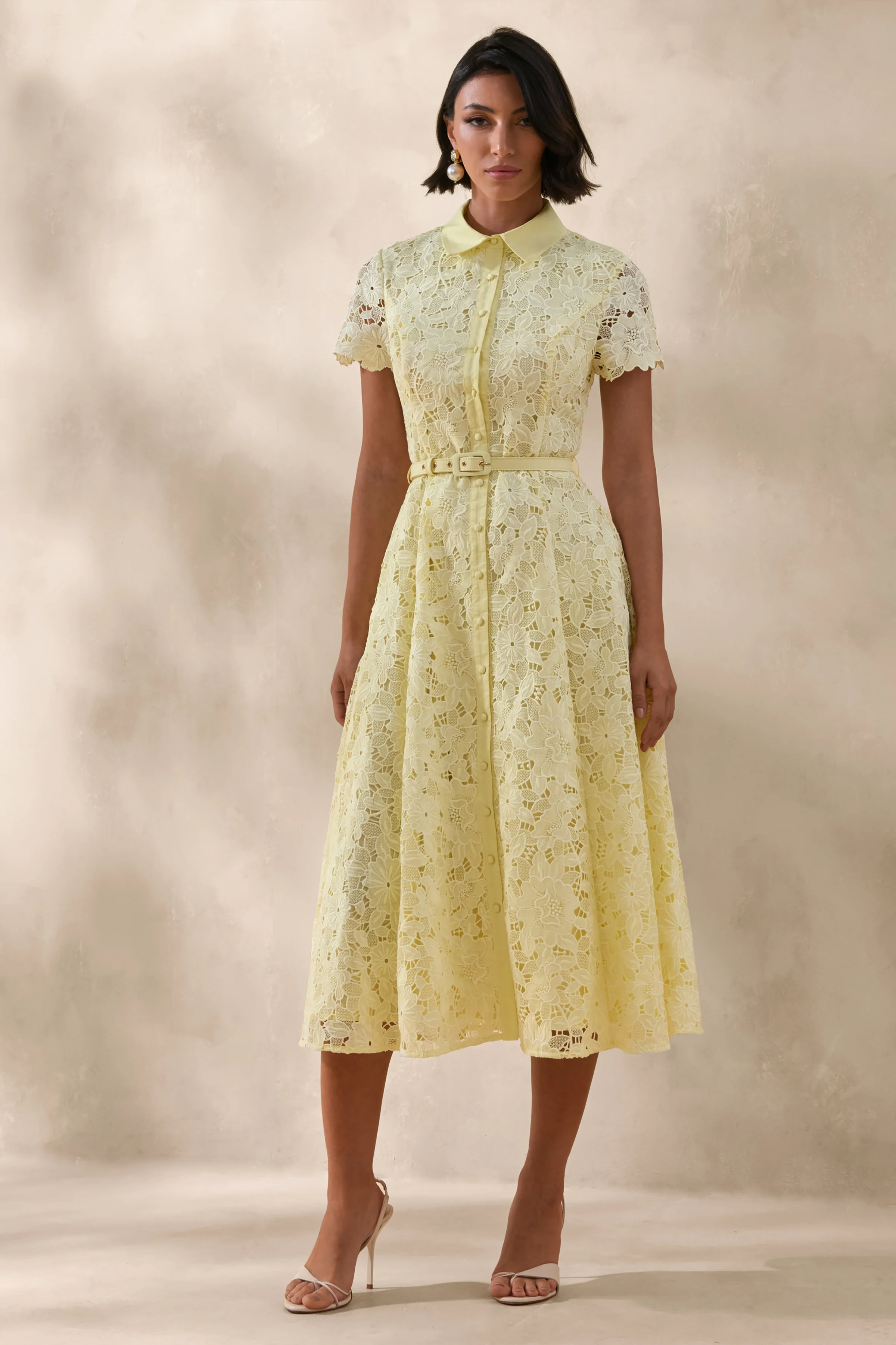 Zalie | Yellow Lace High-Neck Belted Midi Dress