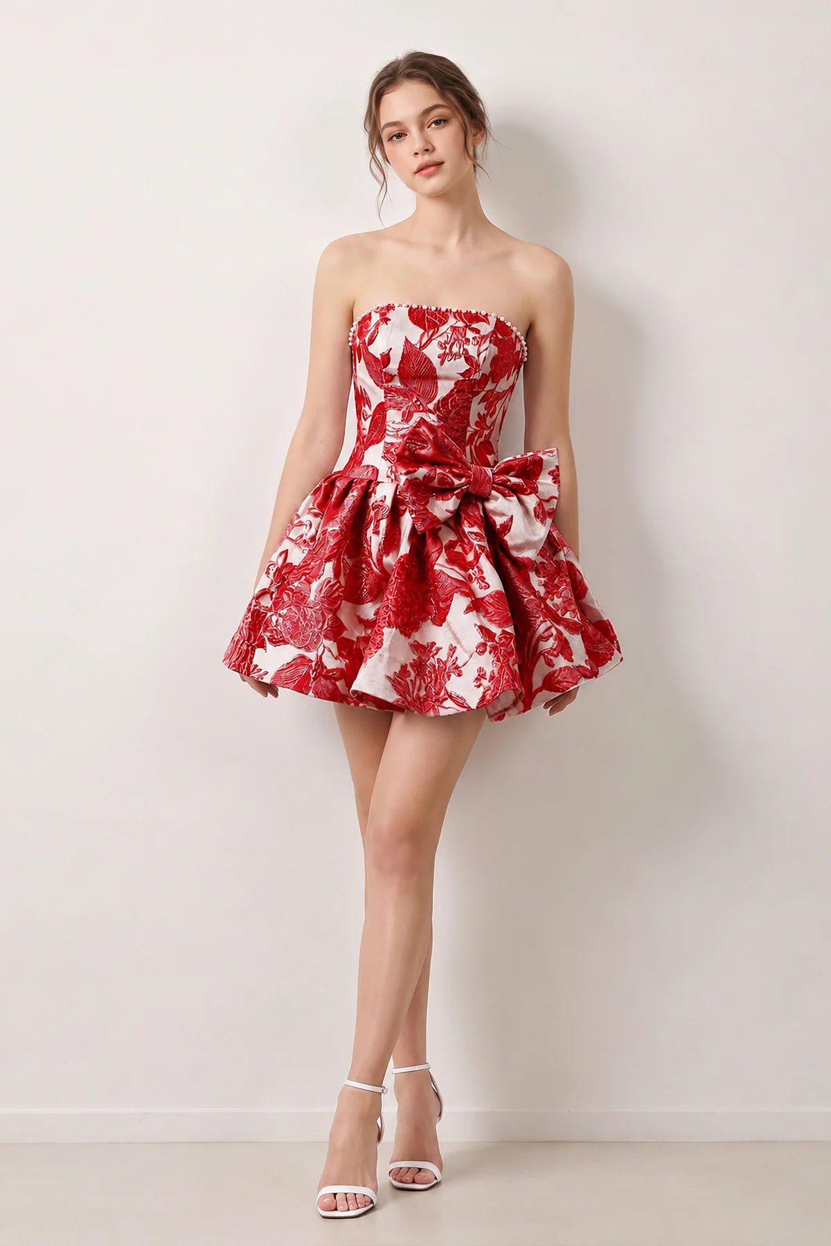 Blue Flower Jacquard Strapless A-Line Bowknot Homecoming Dress With Pearl