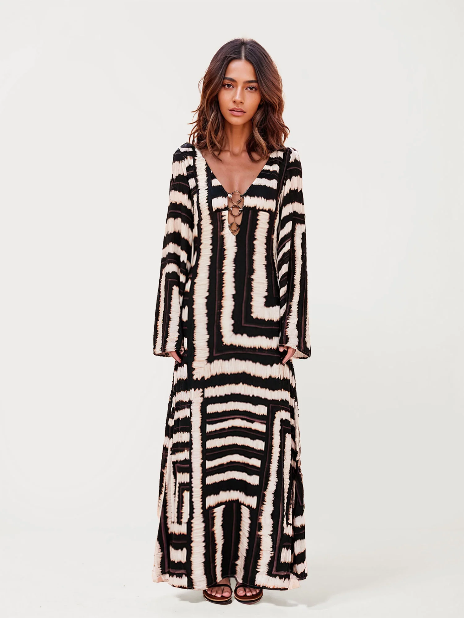 Bohemian Stripe Pattern V-Neck Maxi Dress