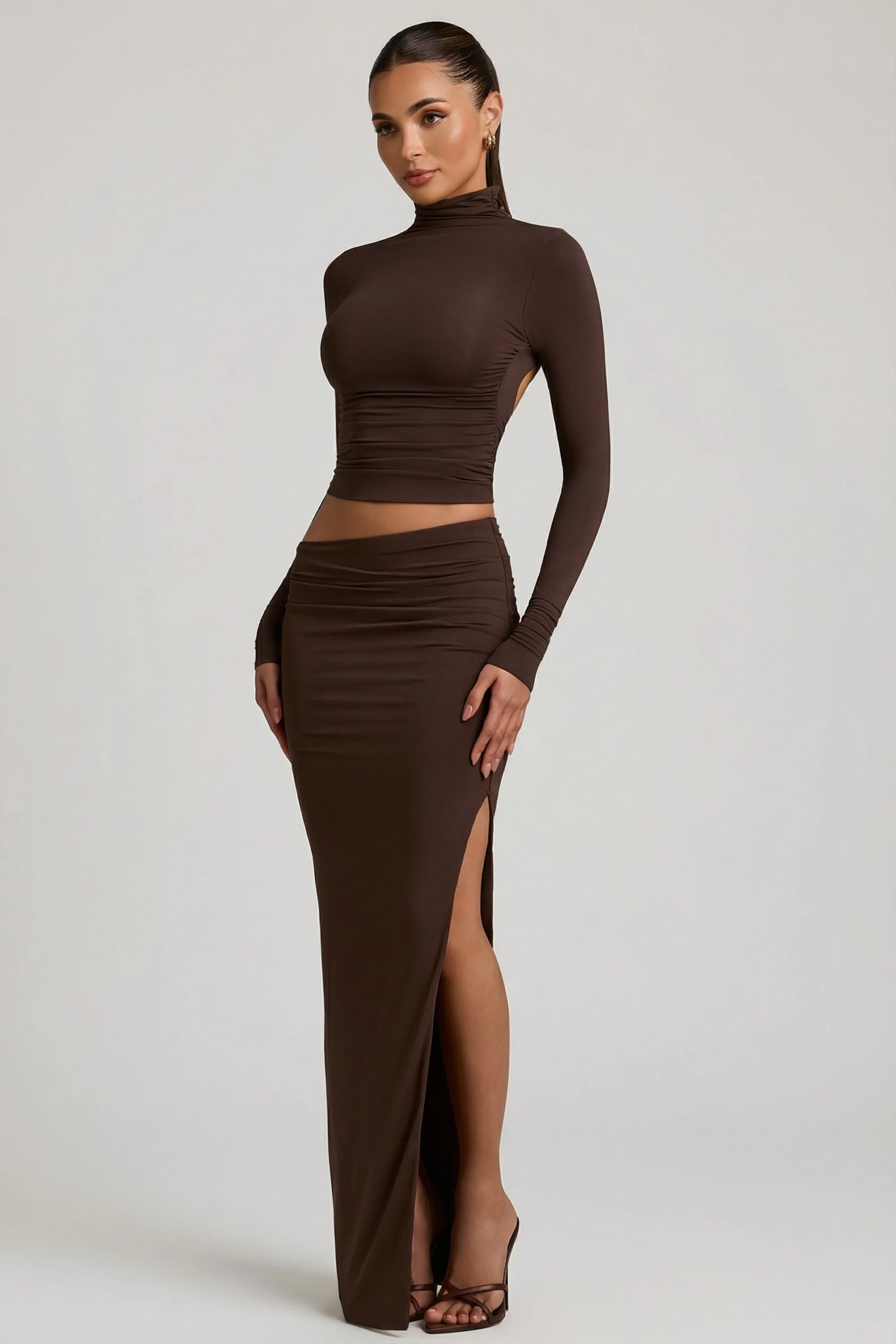 Modal Asymmetric-Waist Maxi Skirt in Chocolate Brown