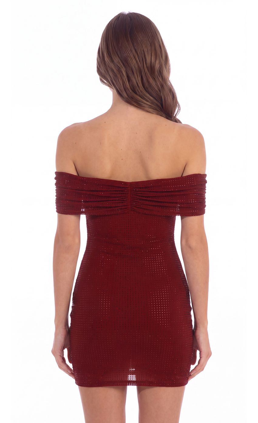 Off-Shoulder Embellished Mini Dress in Burgundy