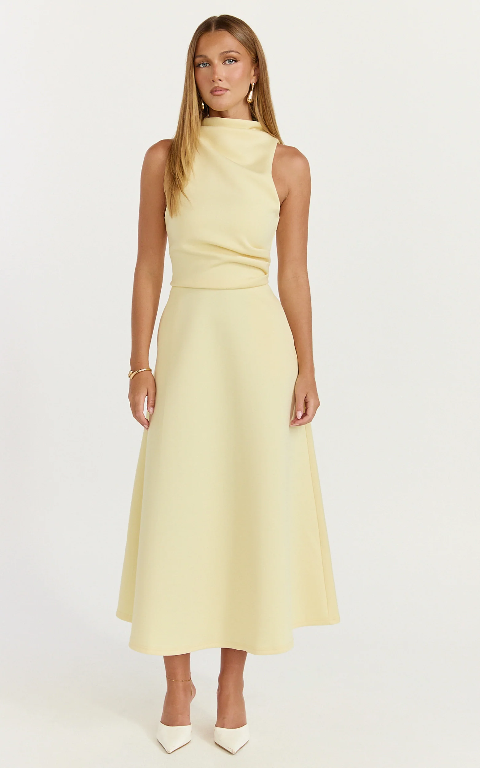 Macy Midi Dress - High Neck A Line Dress in Lemon