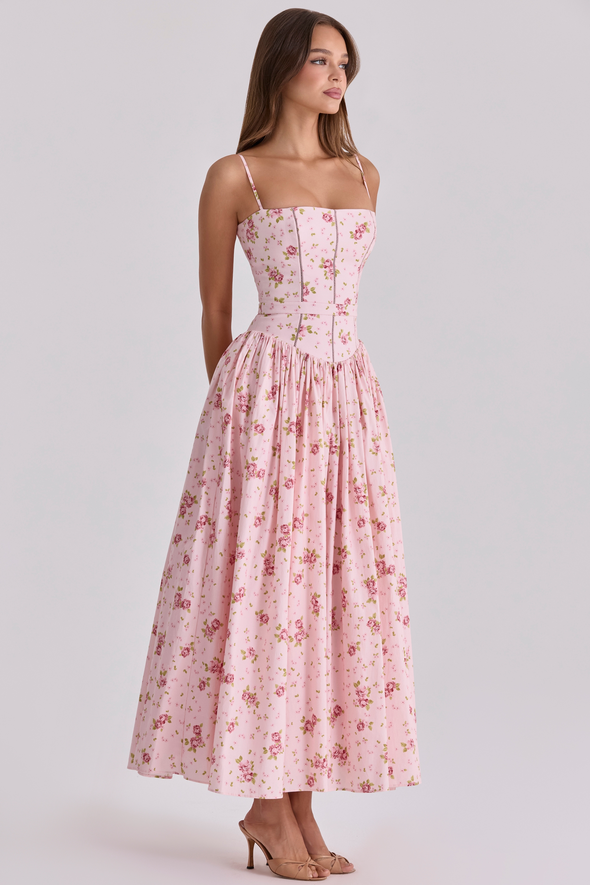 Pink Vintage Rose Print Cotton Midi Sundress