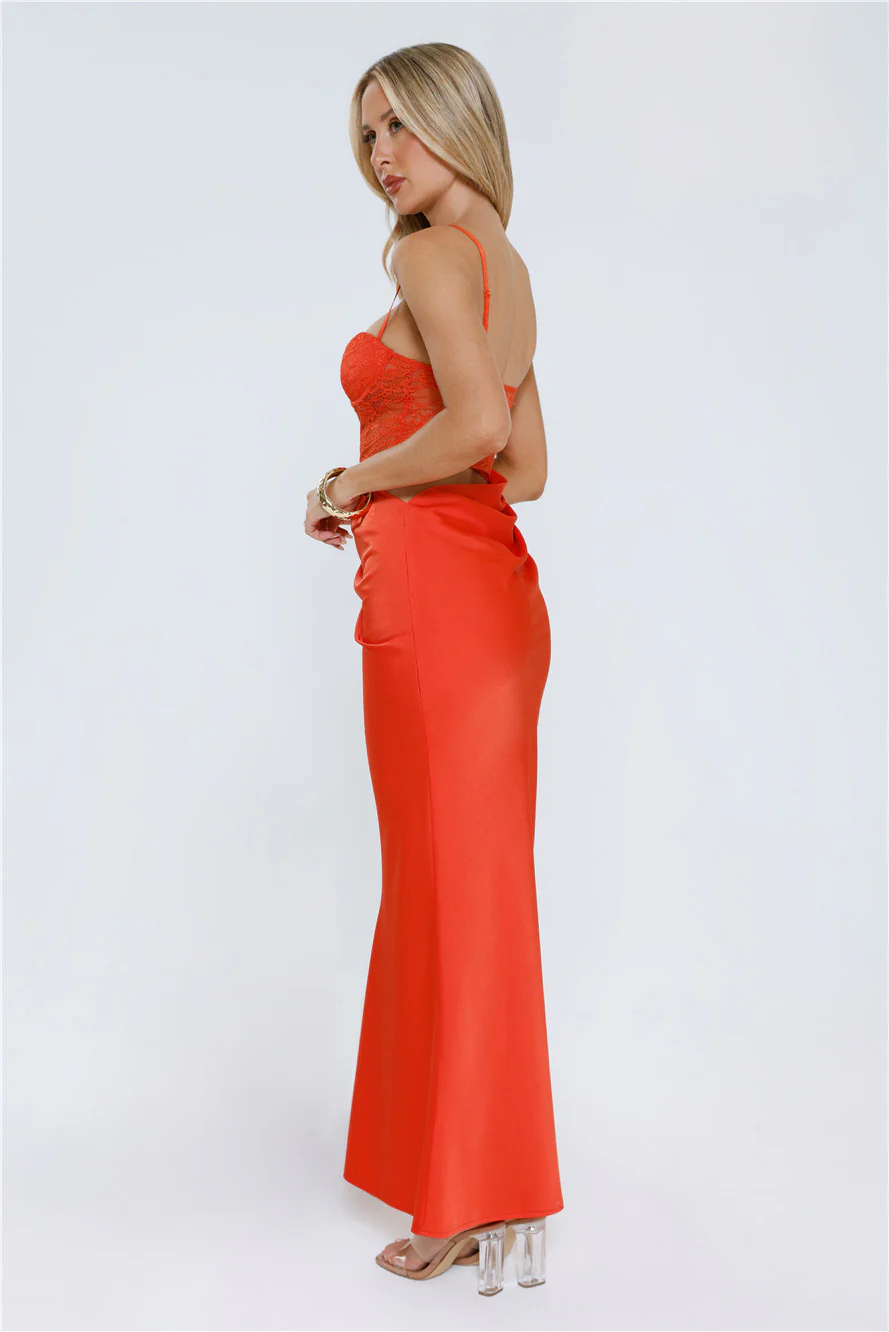 Slow Summer Nights Lace Satin Maxi Dress Tangerine