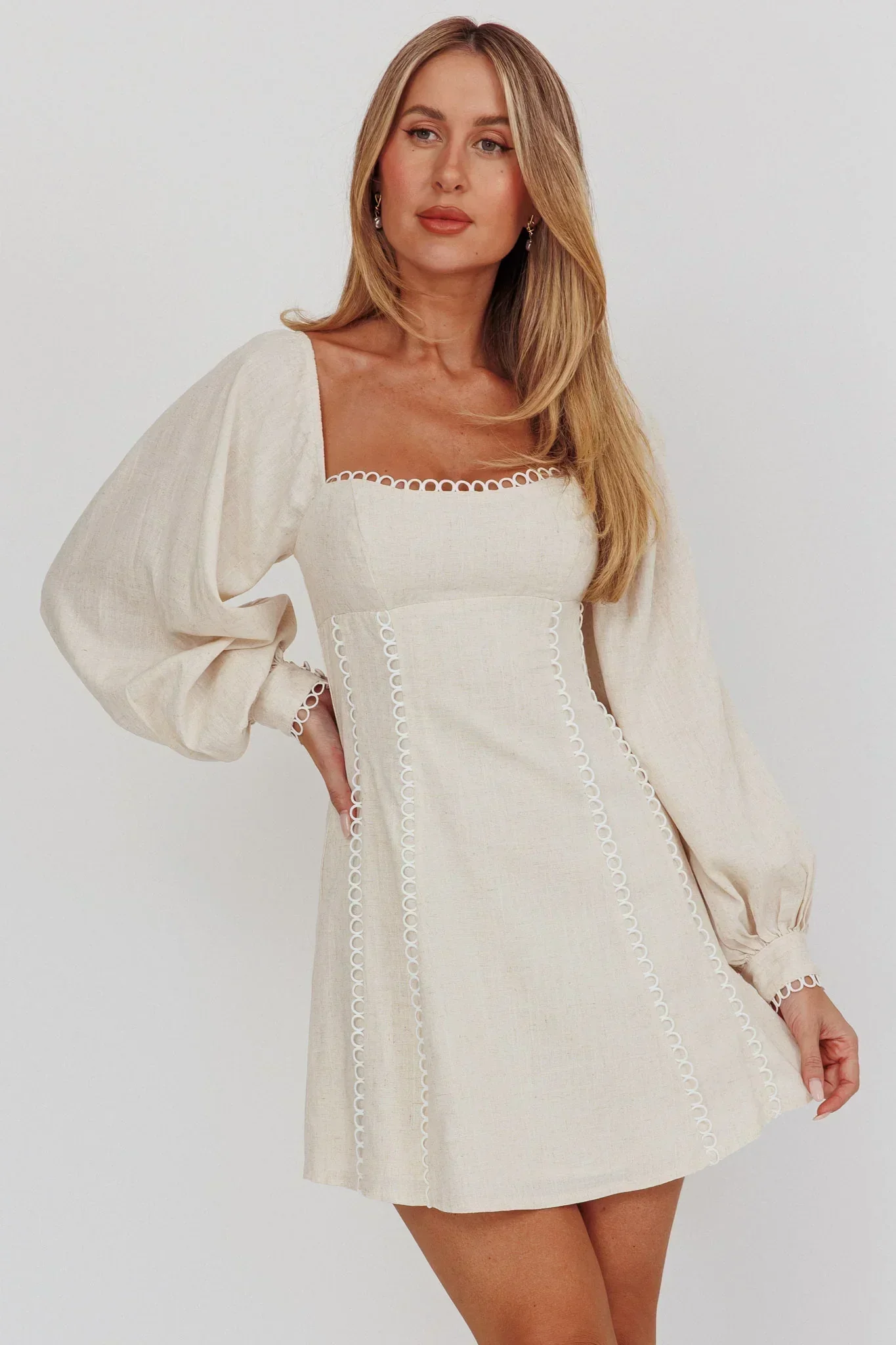Chamberlain Balloon Sleeves Mini Dress Beige - FASHION NOB