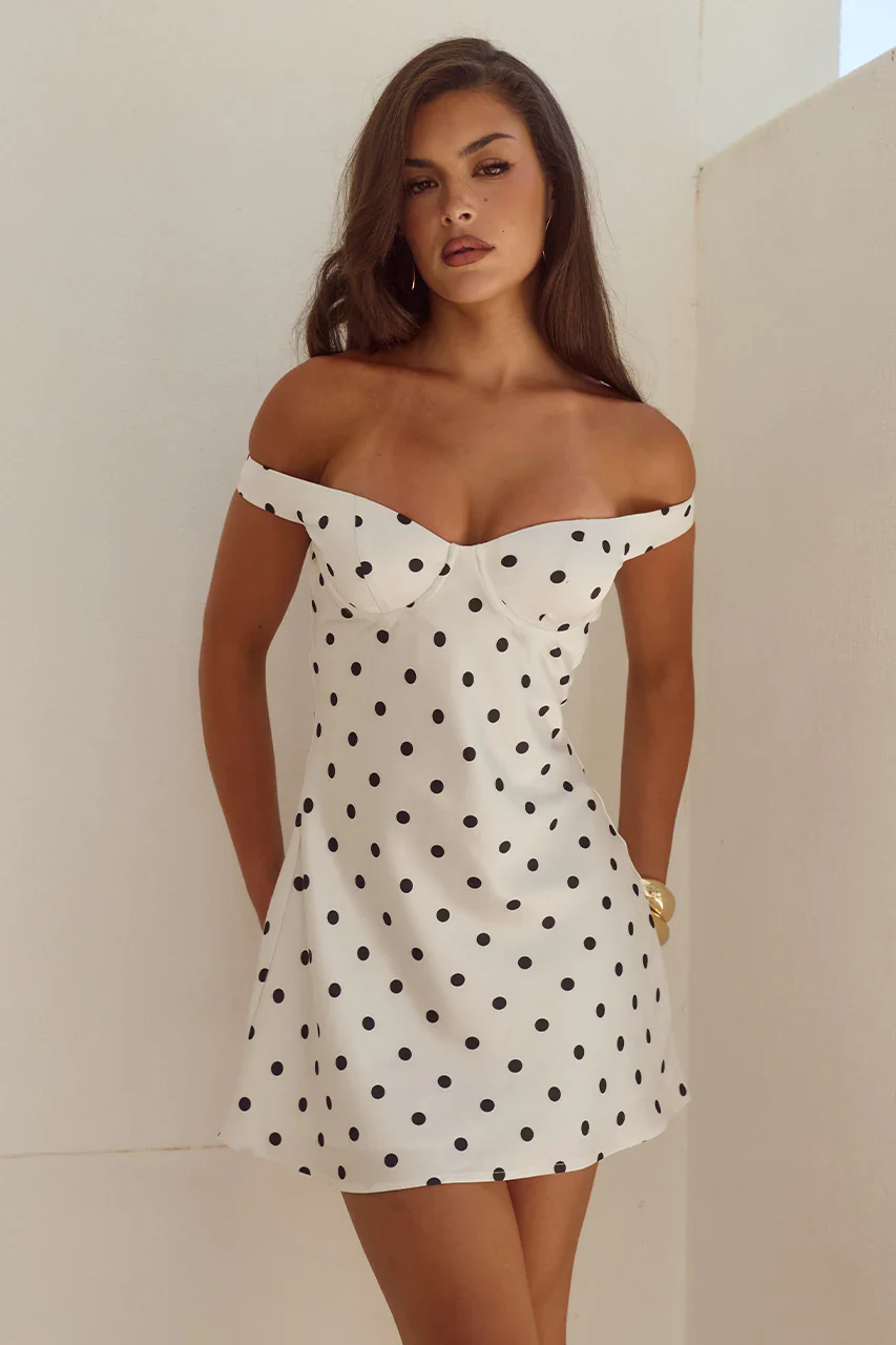 AVETA OFF SHOULDER MINI DRESS - WHITE/BLACK POLKA