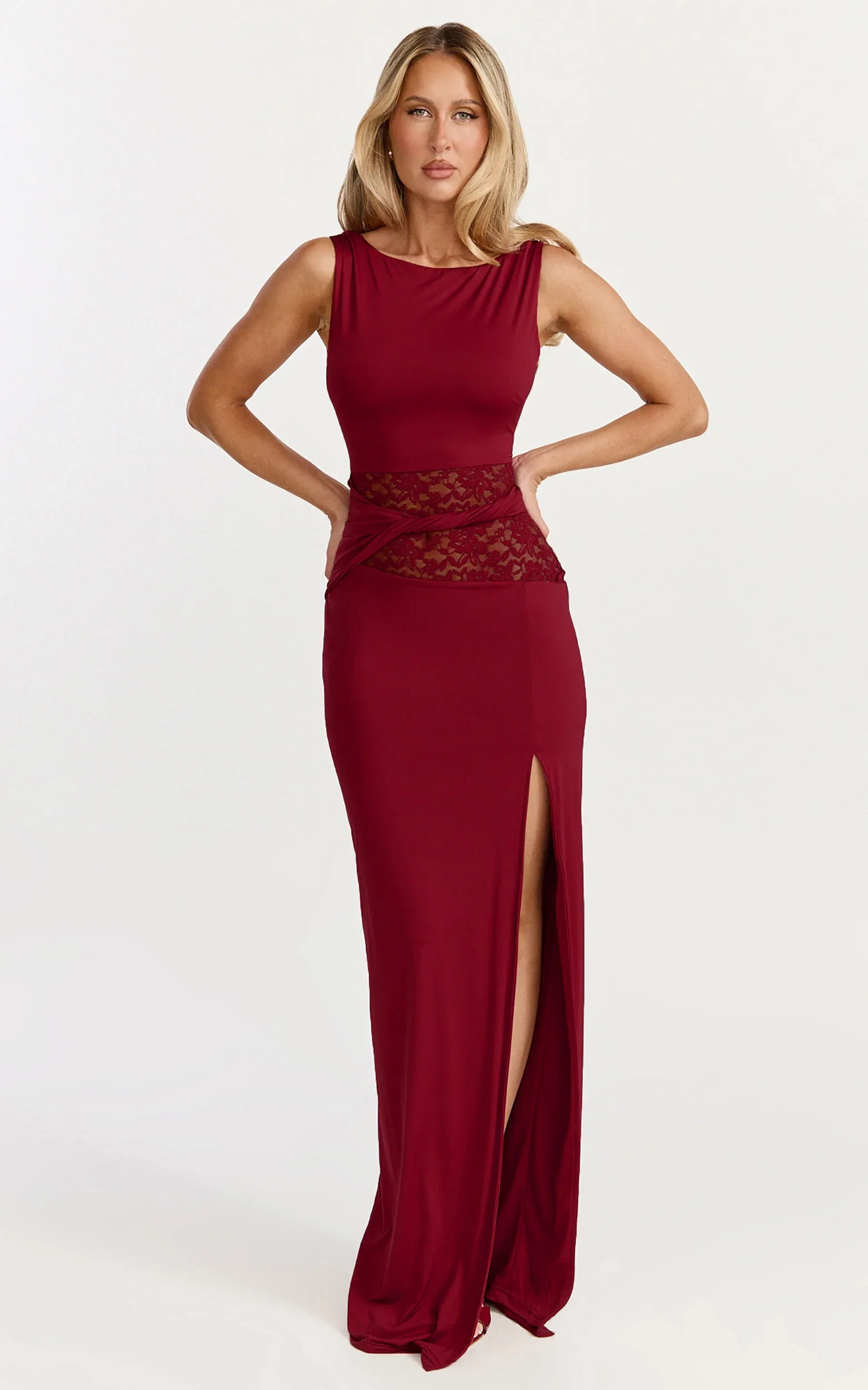 Alberta Maxi Dress - Spliced Sheer Lace Column Dress in Wine