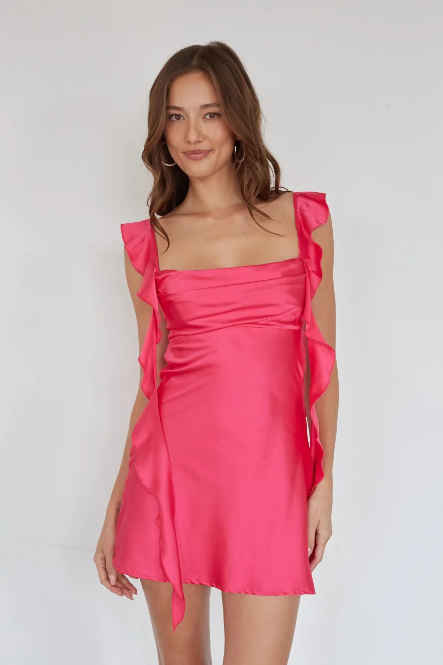 Satin Ruffle Trim Mini Dress Fuchsia