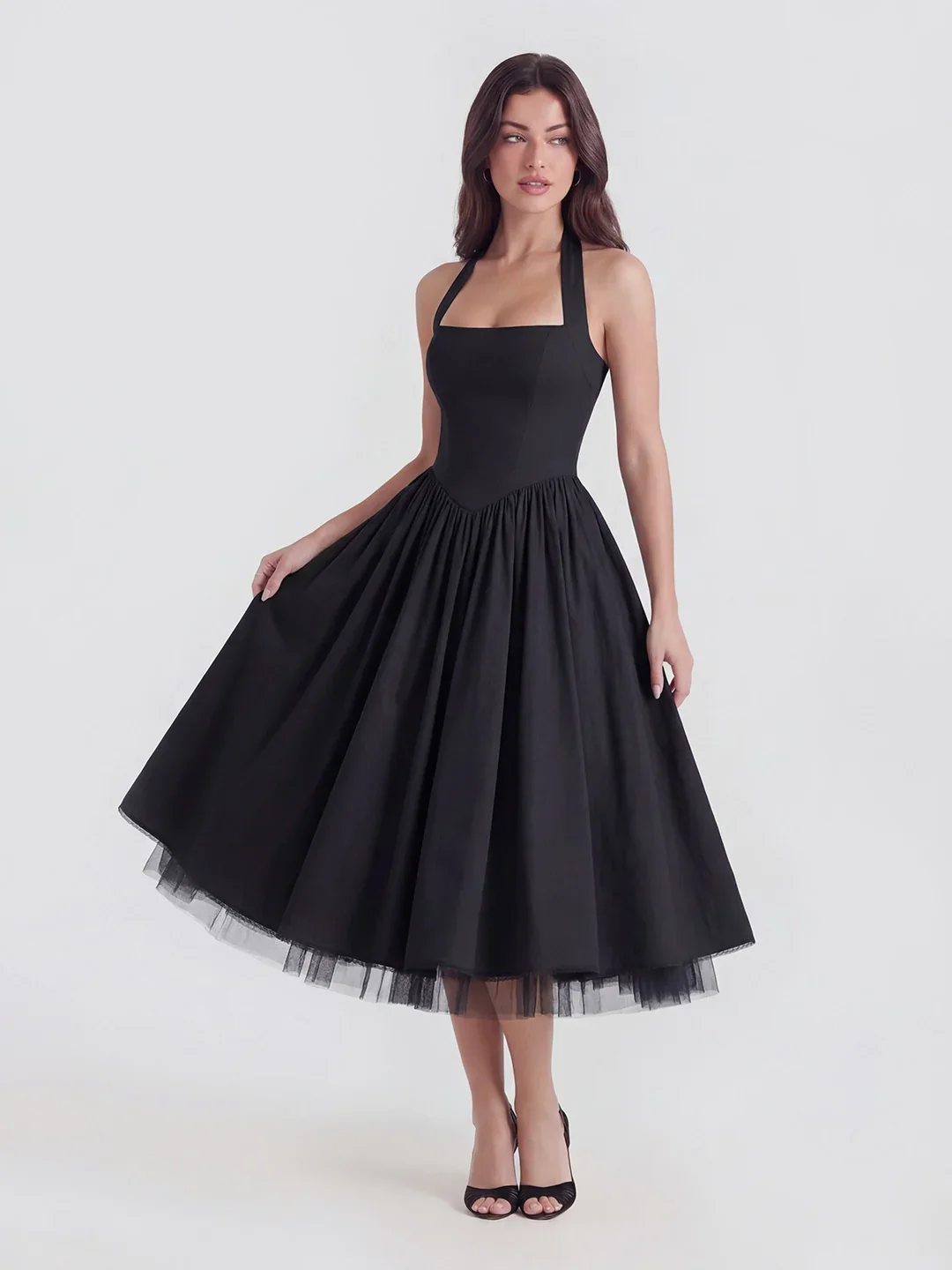 Lace-Up Halter Midi with Exposed Tulle Hem