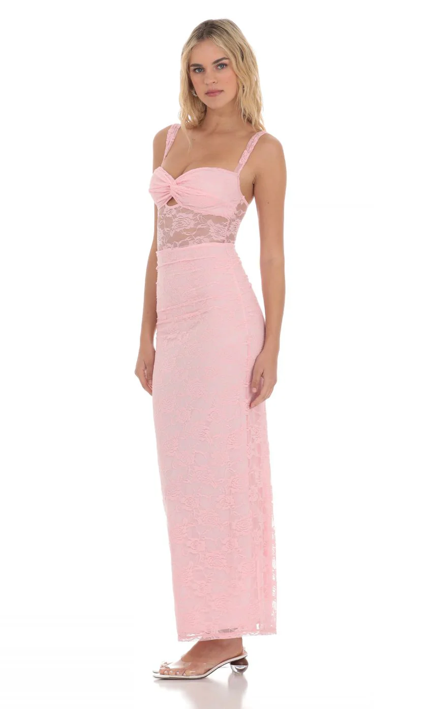 Lace Twist Ruched Maxi Dress in Pink - luluinthesky
