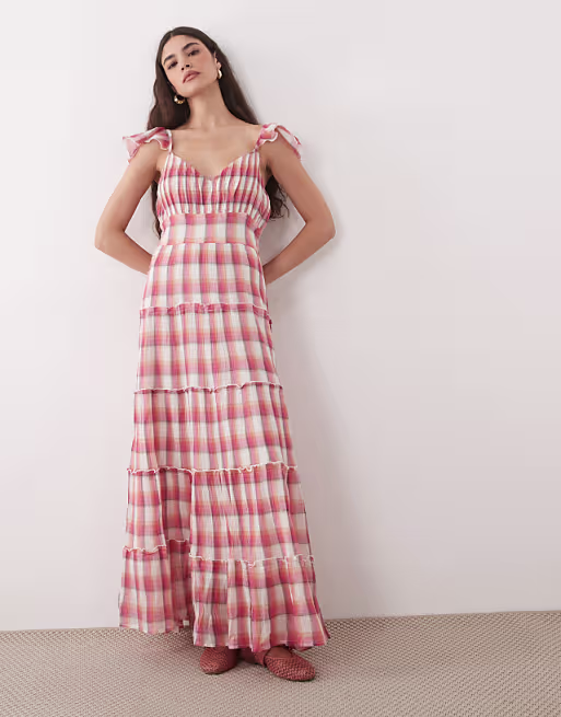 Nobody's Child Levi cheesecloth V-neck flutter sleeve tiered maxi dress in red check