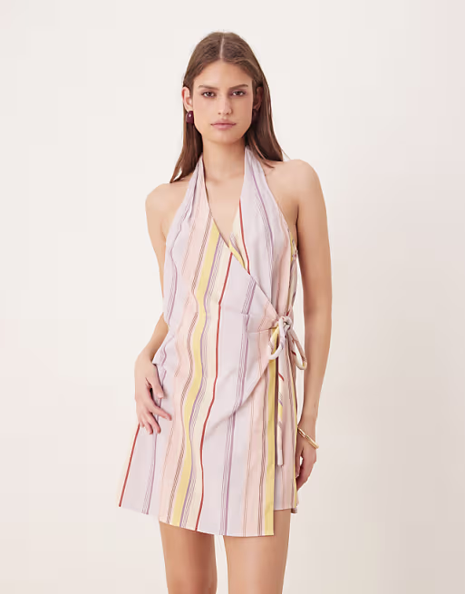 cotton linen blend halter neck wrap mini sundress in pastel mixed stripes